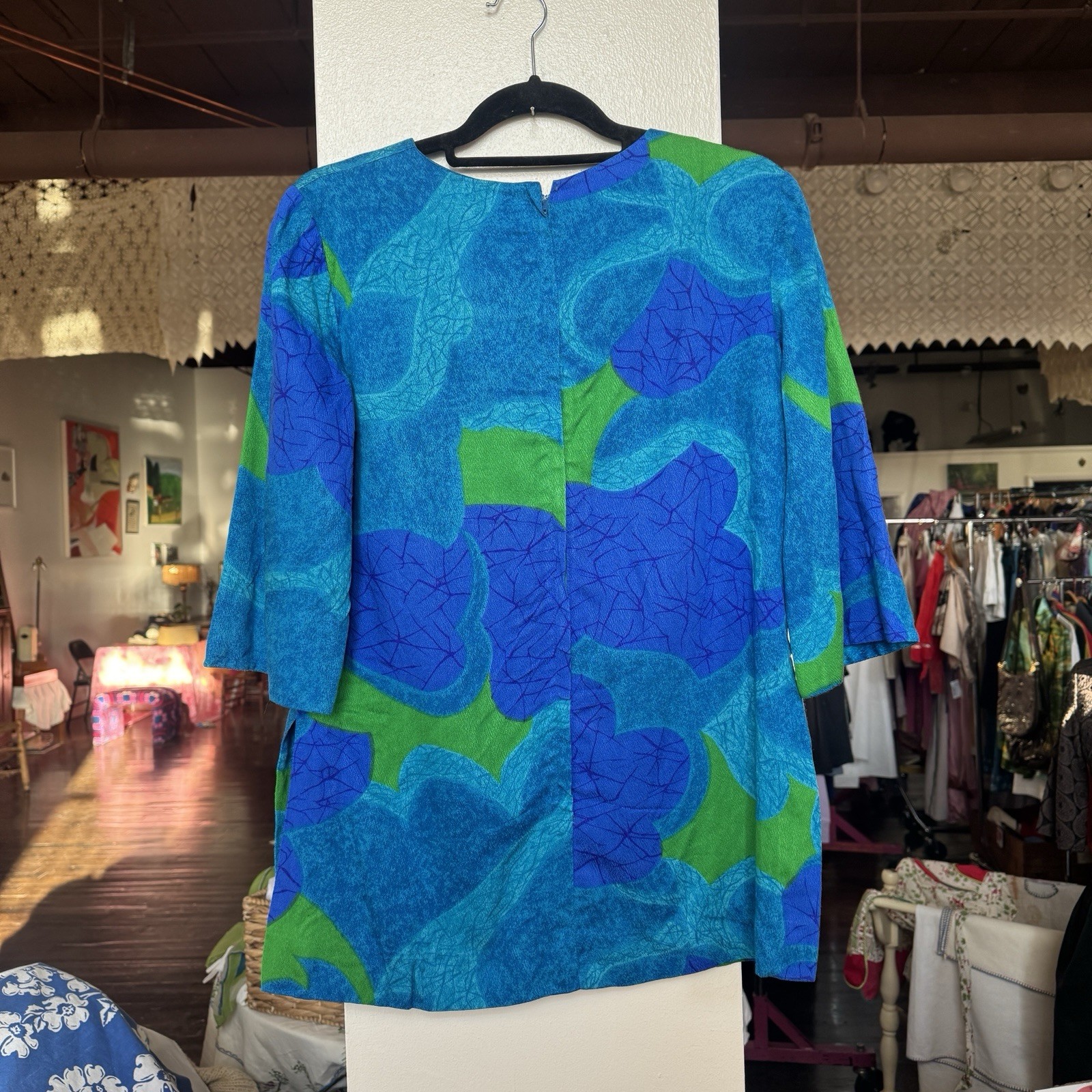 1960s Vintage Hawaiian Blue Green Tunic Shirt M Norma Maier