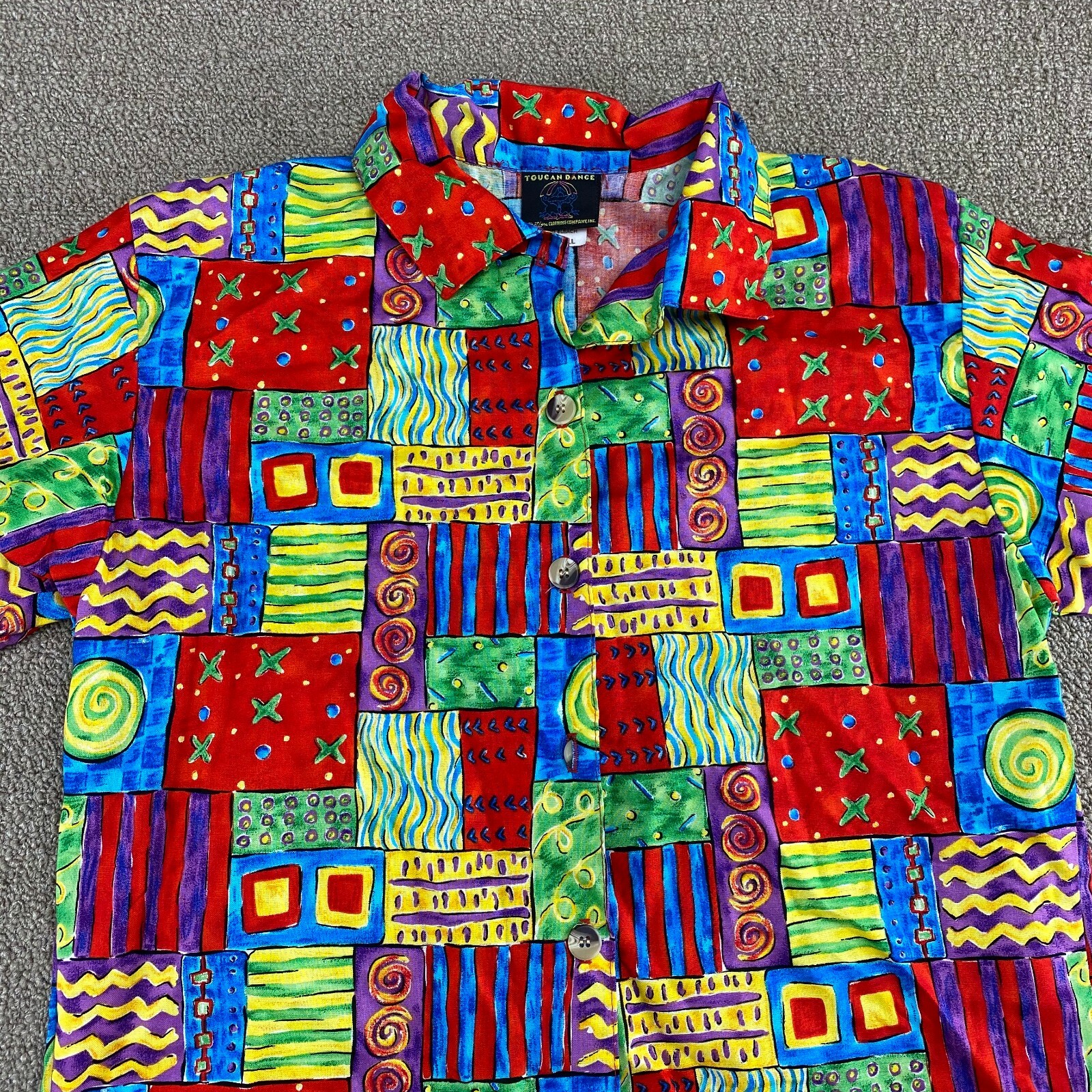 Fast Lane Toucan Dance Hawaiian Shirt Womens S Bright Multicolor Camp USA VTG