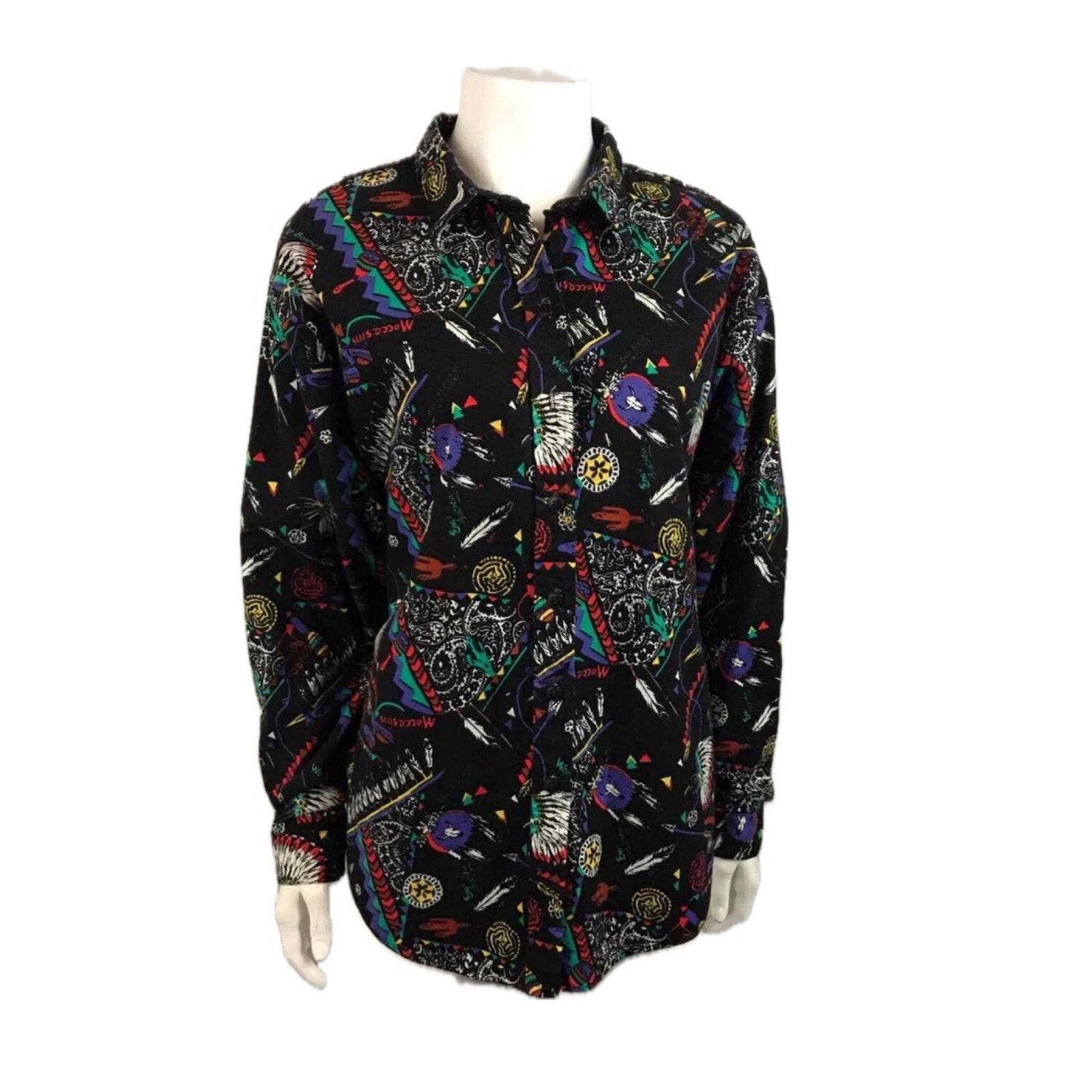 Vintage 90s Western Novelty Print Shirt Open Back Flap Panhandle Slim USA M ^