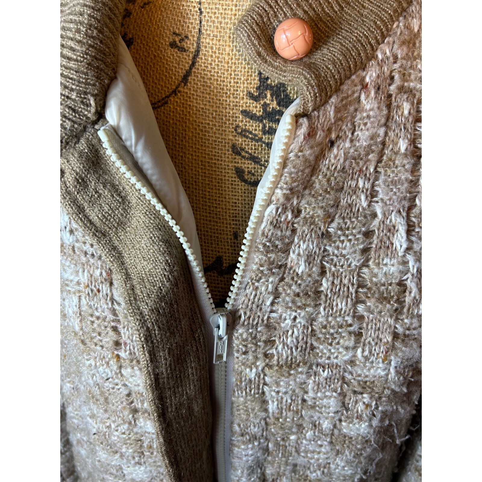 Vintage Hippie Boho Jacket Women L Beige Textured Knit Zipper & Button Closure