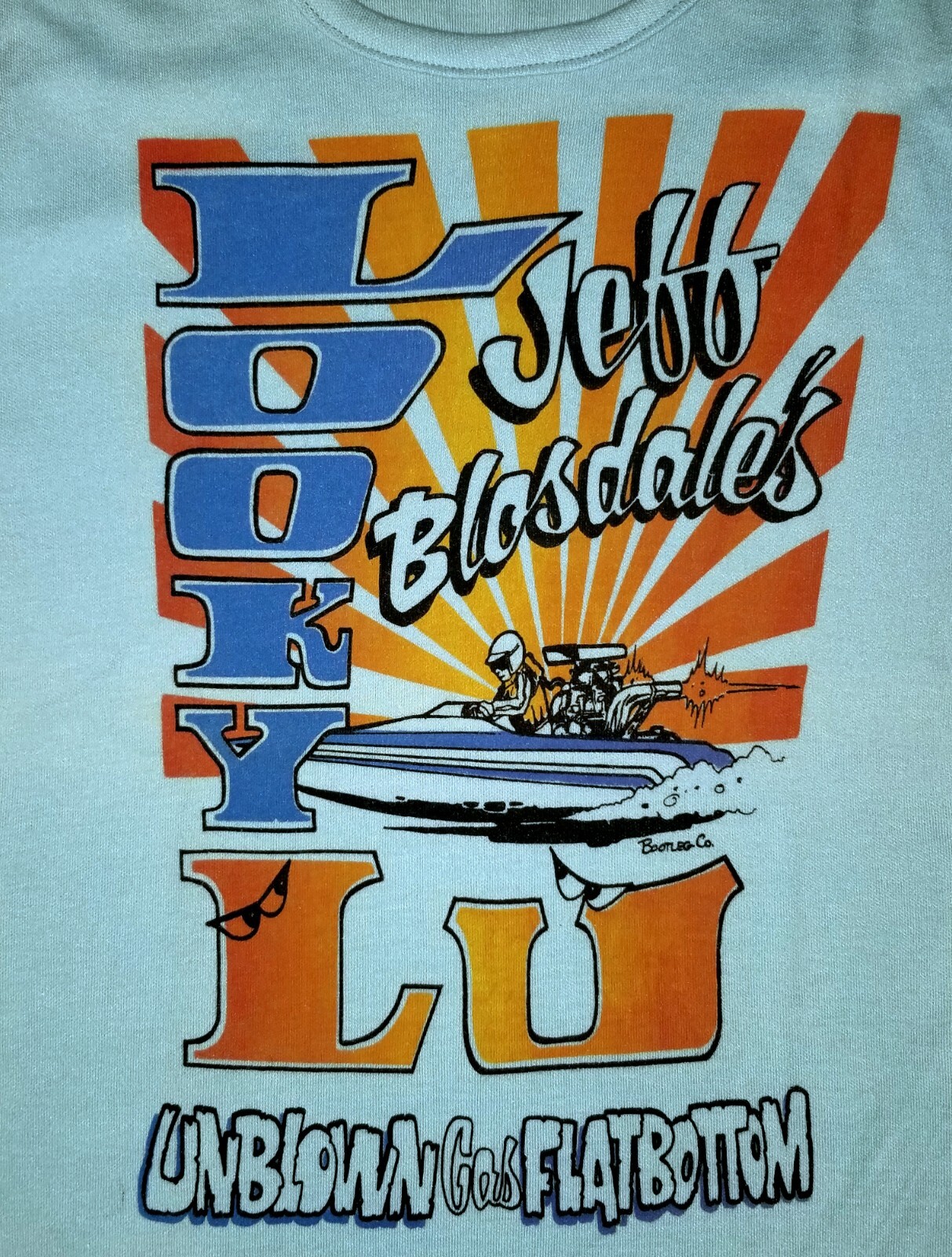 VTG 1980s DRAG BOAT RACING FUN TEES T-SHIRT V NECK WOMAN MEDIUM M TOP BLUE JET