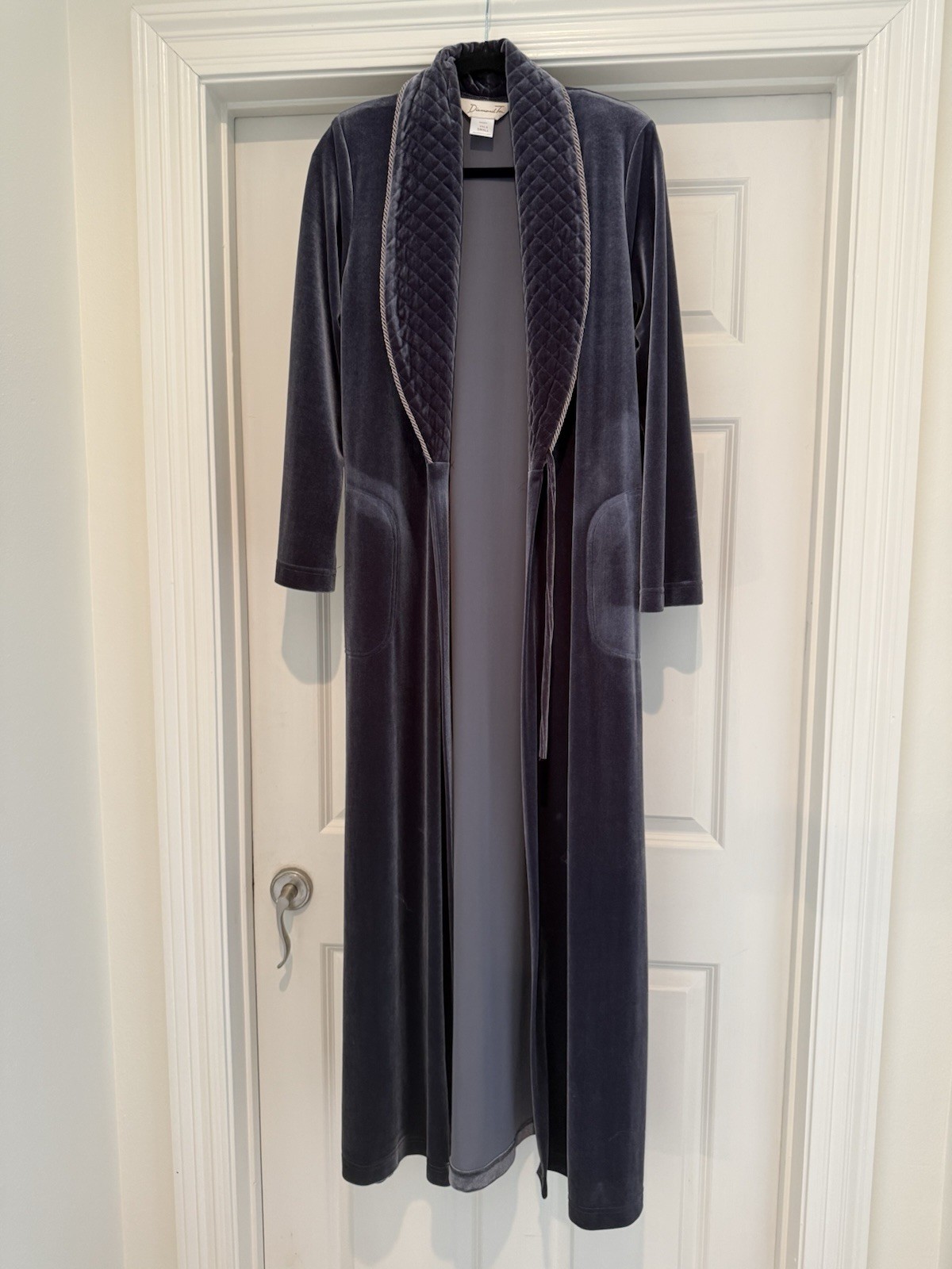 Vintage Diamond Tea Womens Velvet Velour Long Robe Dressing Gown Grey Quilted S