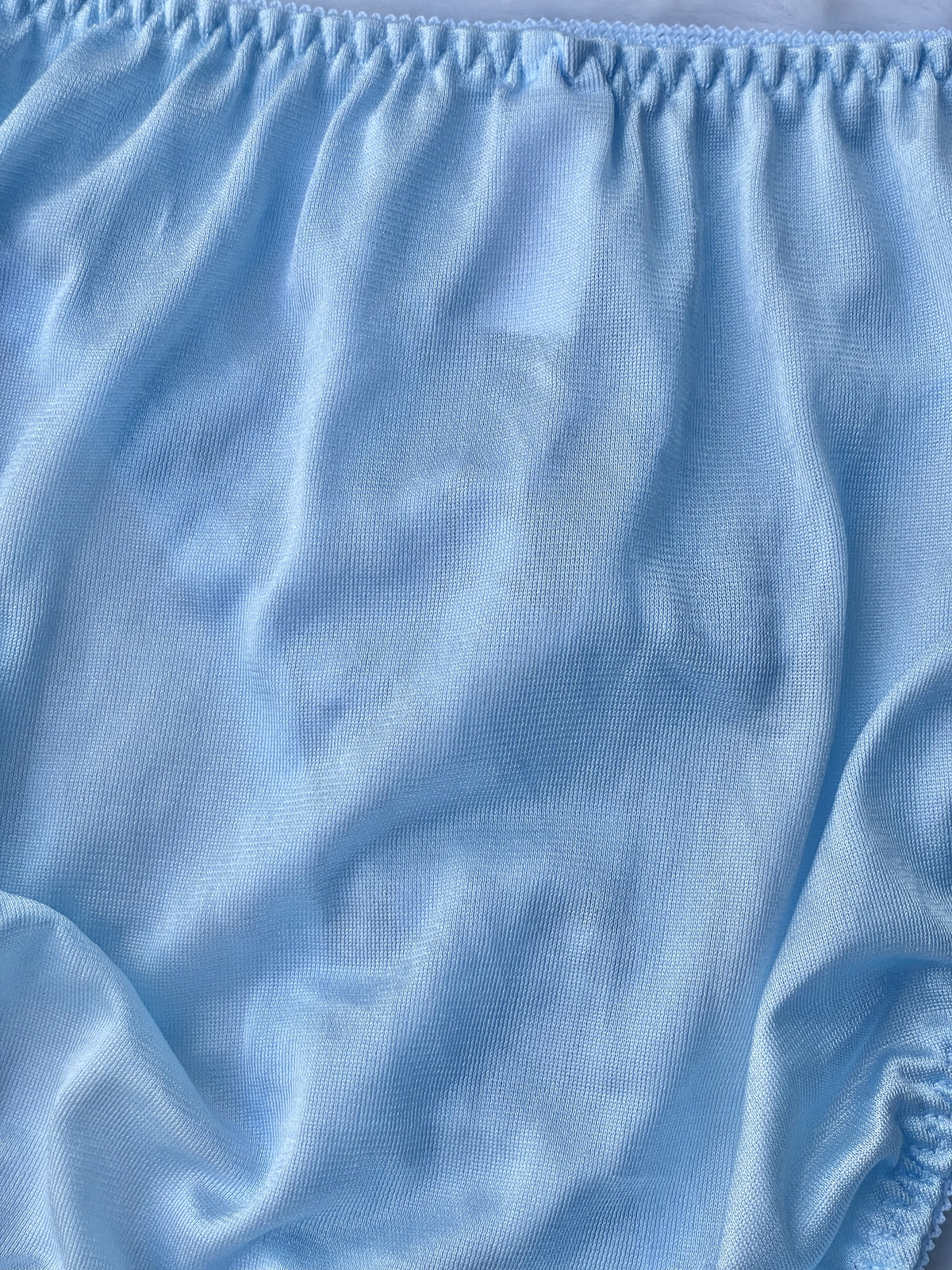 Vtg Slippery Powder Blue Nylon Panty Sheer Lace Hi Cut Briefs SZ.5-6 Hip 35-38″
