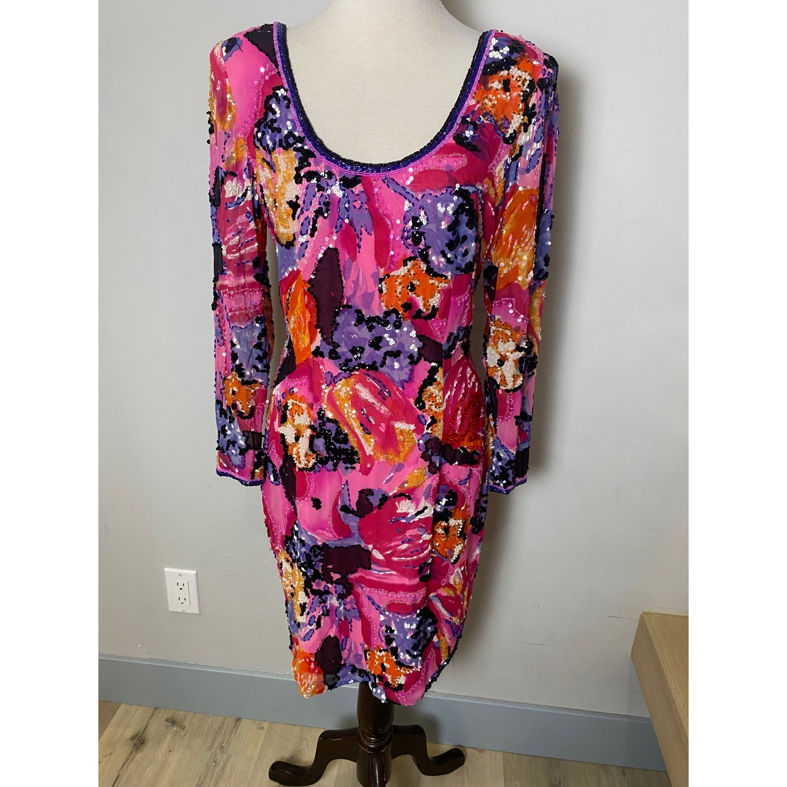 Vintage Miss Jackson Silk Beaded Sequin Dress Pink Abstract Floral Deep Back 8