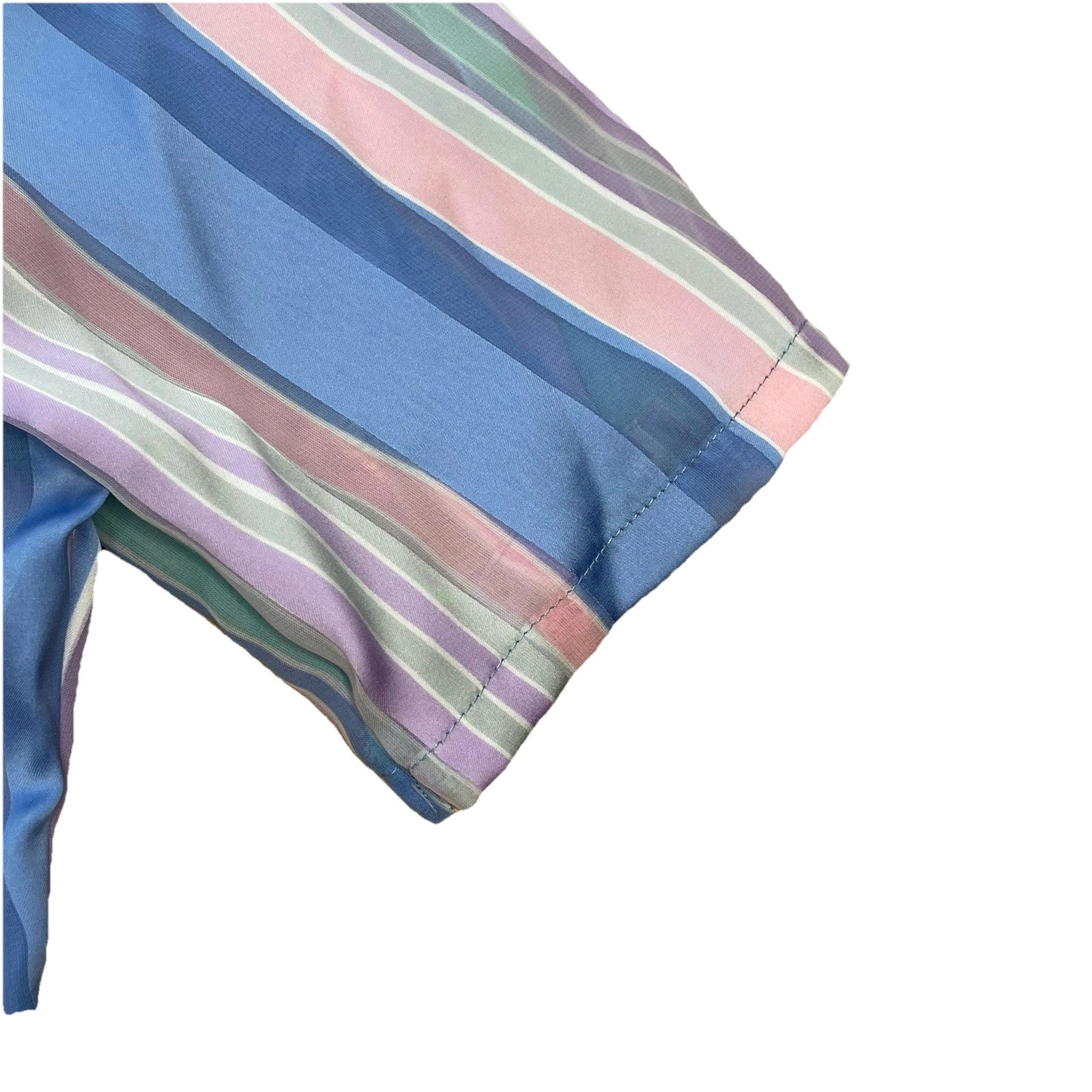 VTG Pastel Striped Blouse 12 High Mock Neck W/ Tie Button Front Retro Office