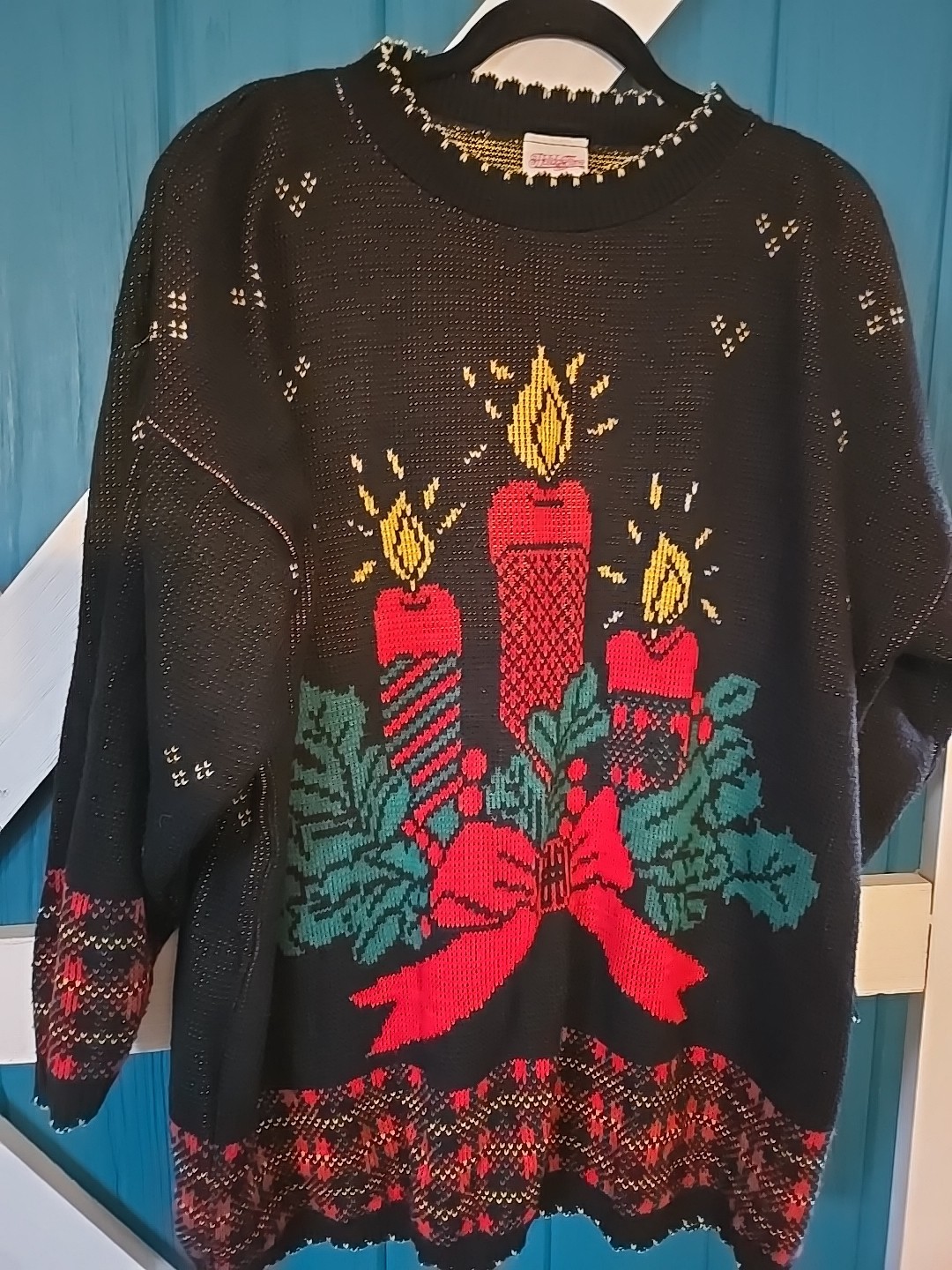 Vintage Christmas Sweatshirt Candle Bows Holiday Time XL Black