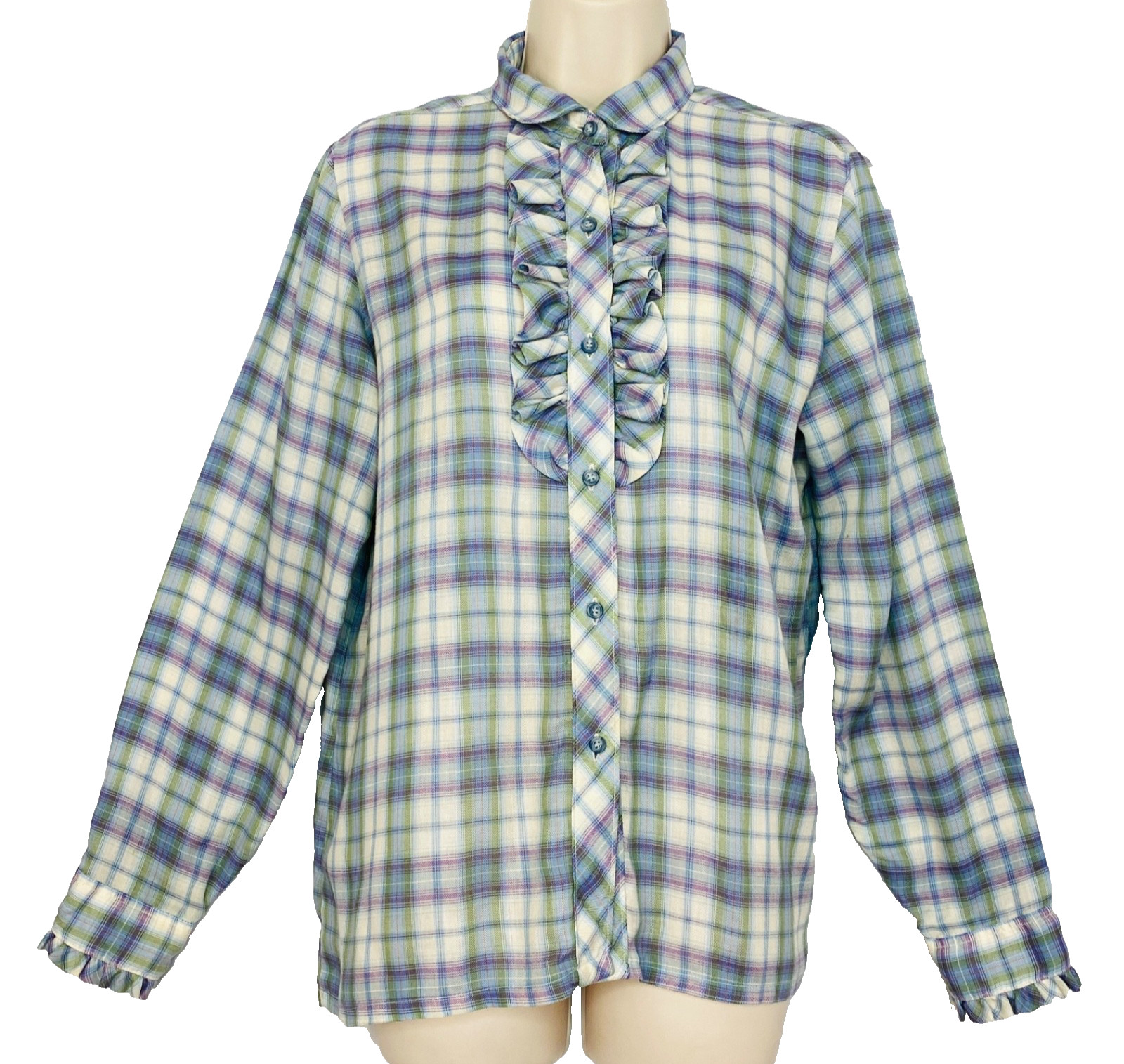 Vintage 1970s purple plaid blouse L ruffle long sleeve white green Victorian