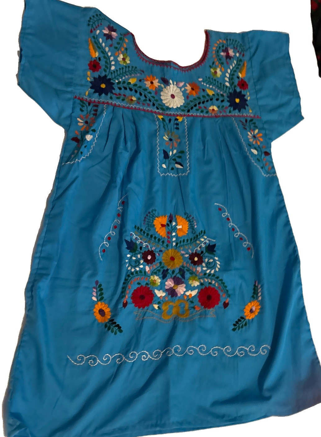 BEAUTIFUL MEXICAN OAXACAN BLUE Multi Colored EMBROIDERED VINTAGE DRESS -S/M