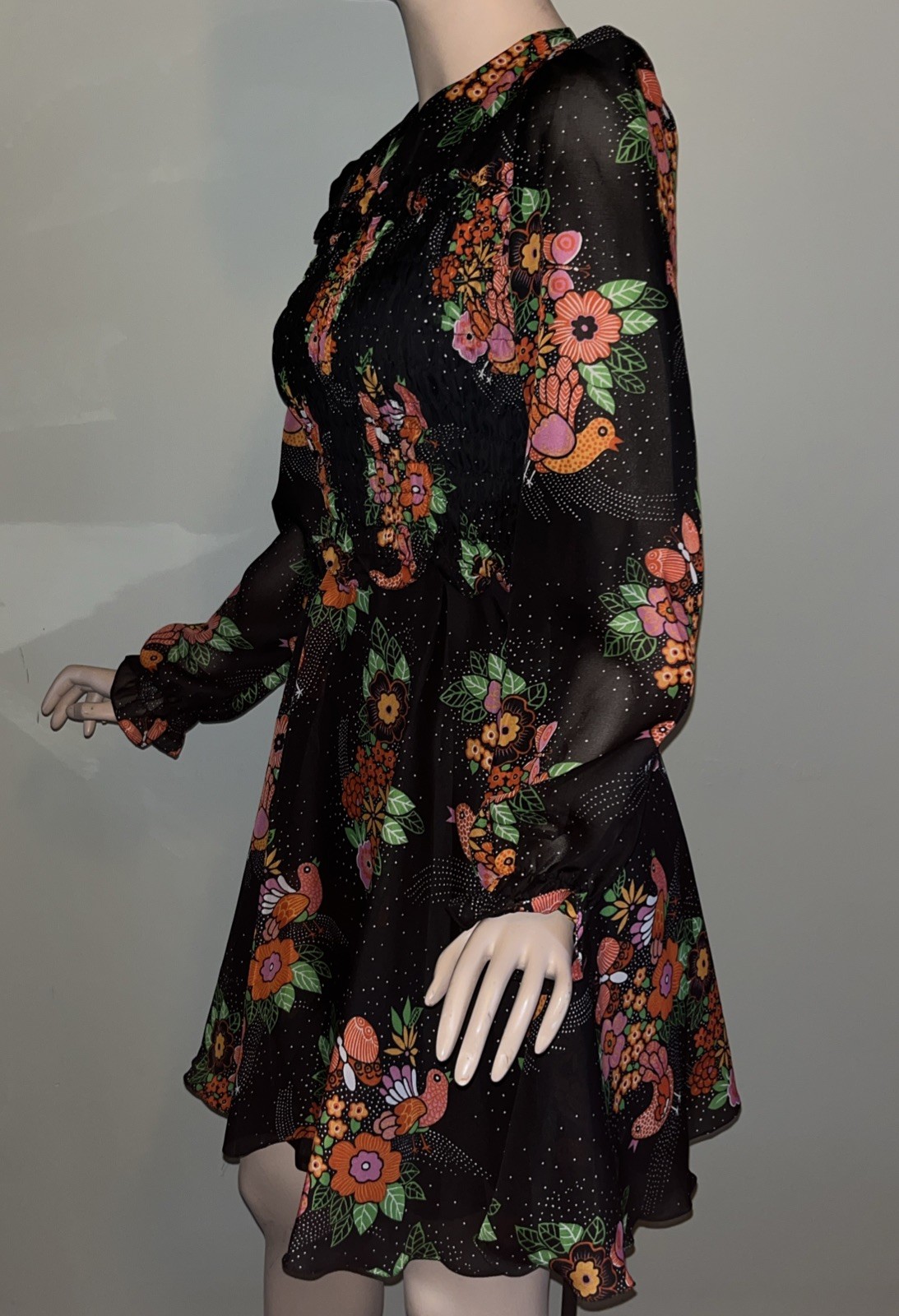 Vintage 70s European Floral Bird Hippie Mod Mini Dress Sheer Puff Sleeve Folk M