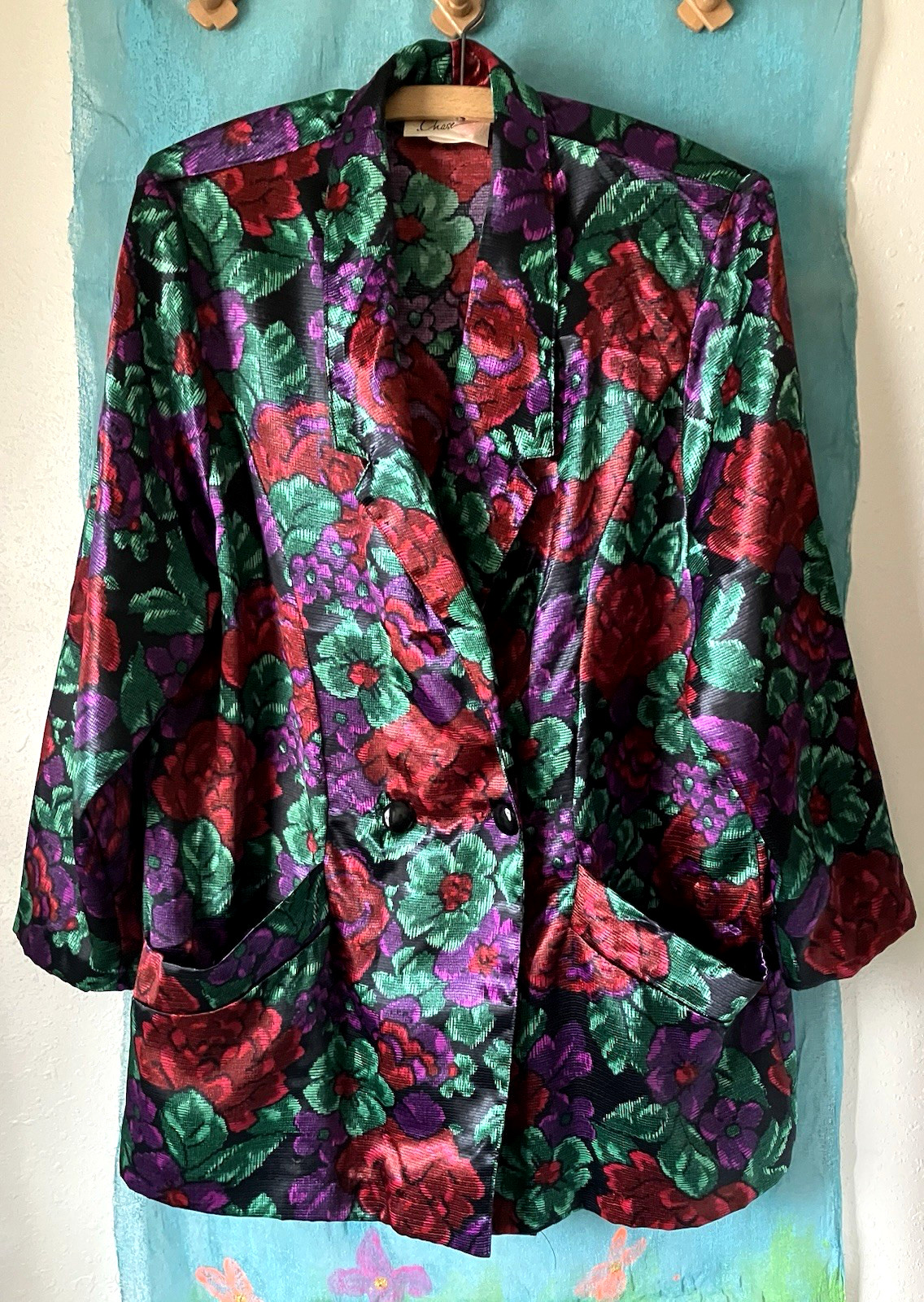 Vintage CHASE Women’s BLAZER Bold Floral Pattern, Red, Purple, Black, Green, M