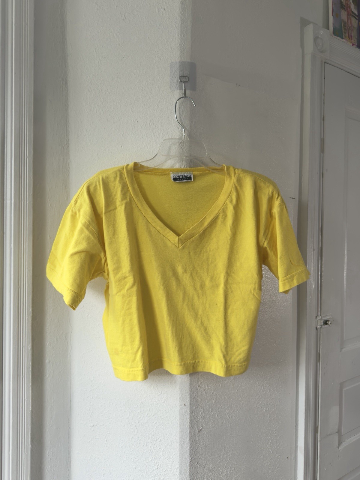 Vintage 80s Contempo Casuals vneck boxy crop tee w shoulder pads, yellow