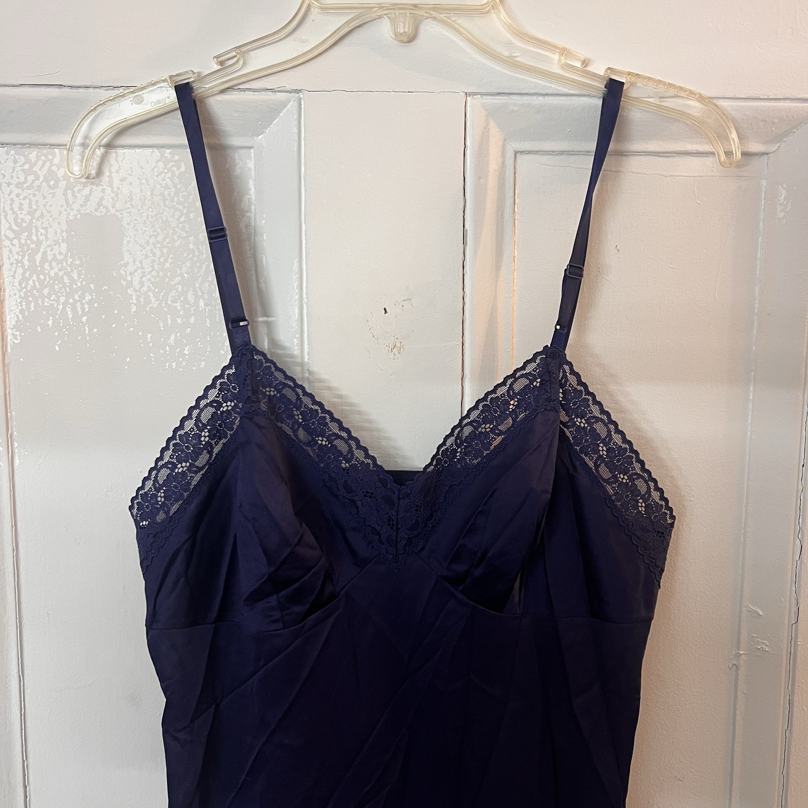 Vintage Vanity Fair Blue Slip Dress Lace Detail Adjustable Straps Size 34
