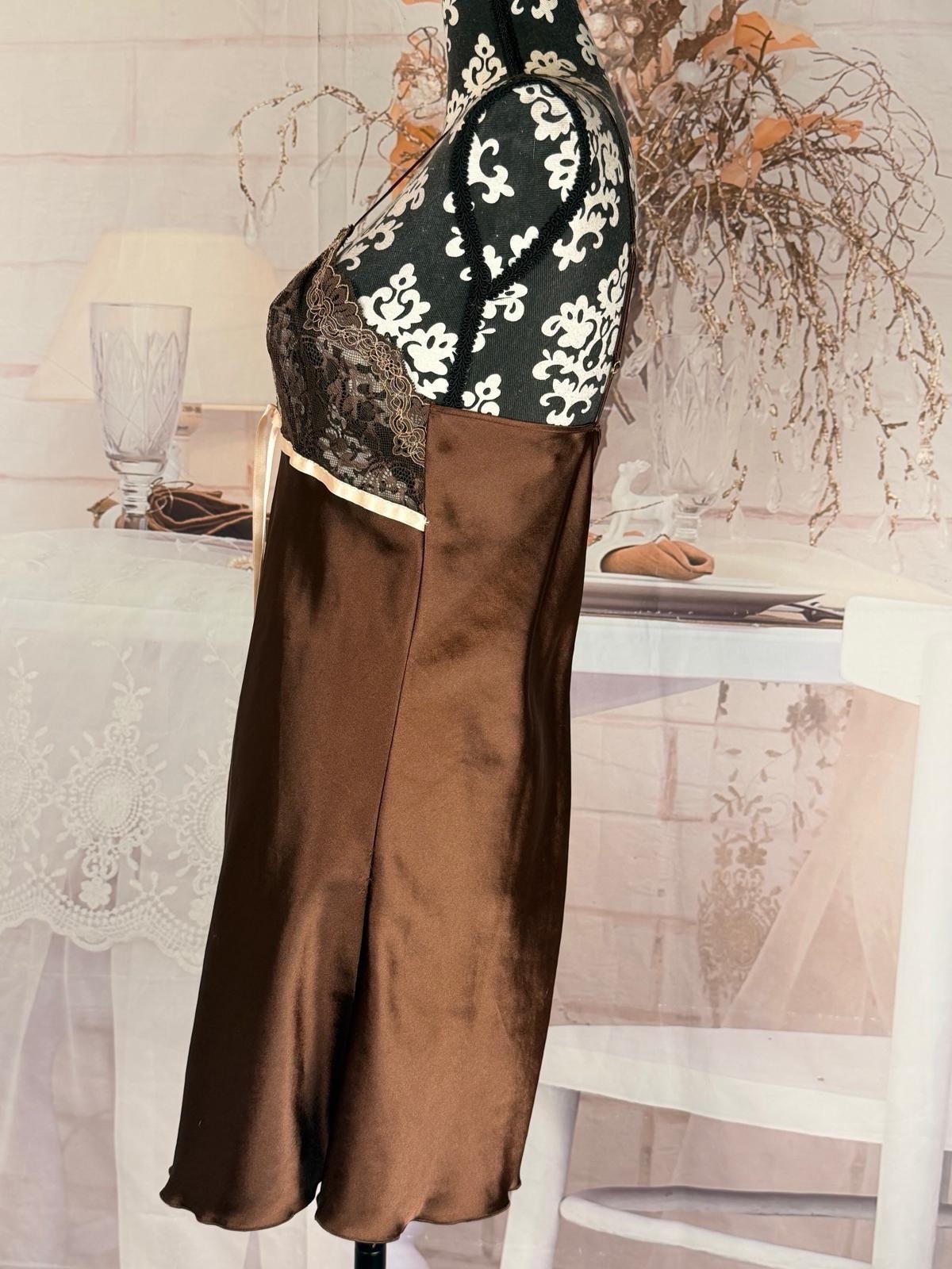 Mis. Andra Lingerie Made in Italy Brown Satin Floral Laced Ribboned Nightdress 2