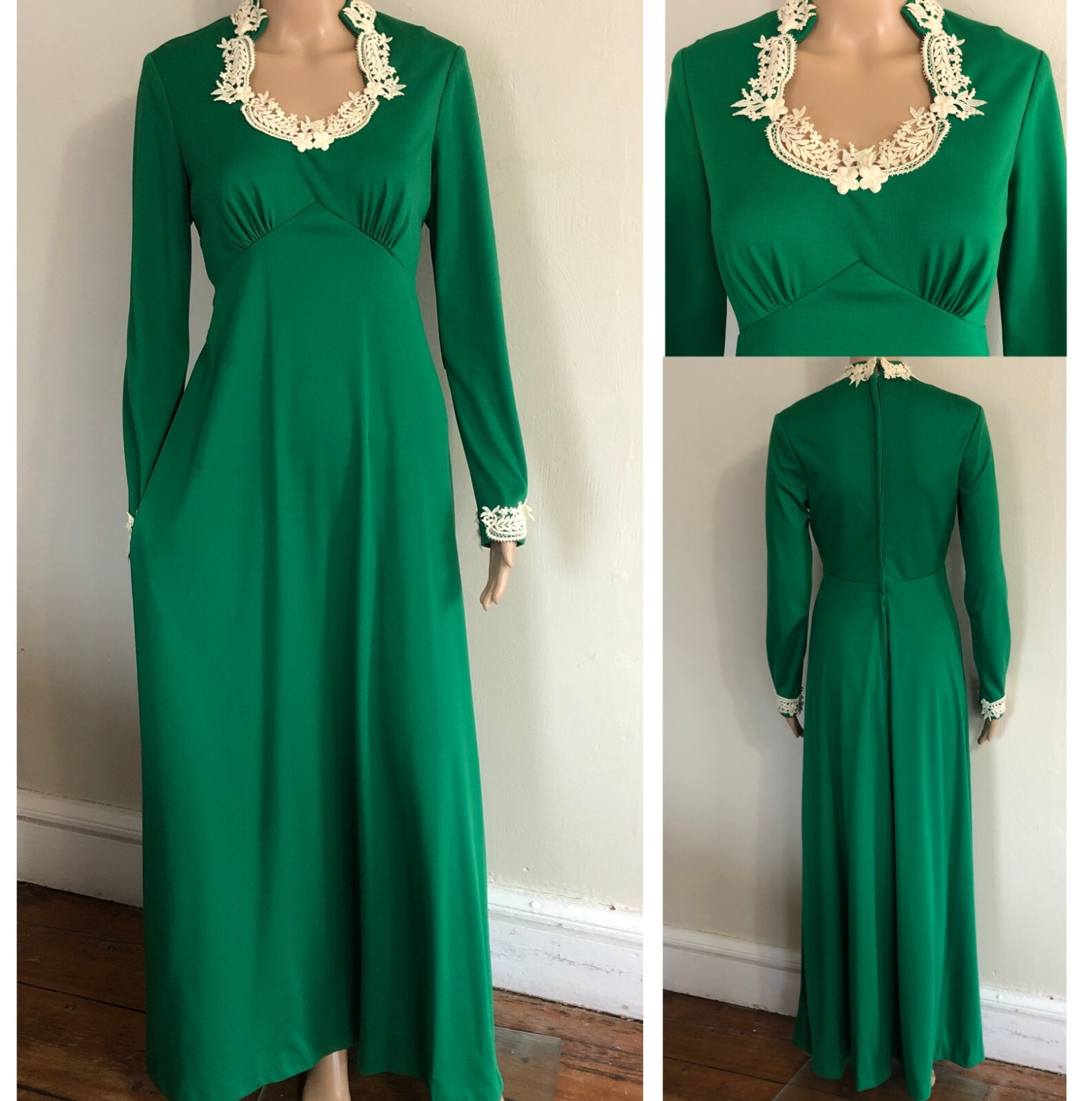 Authentic vtg 1970s Green Maxi Dress XS/S Polyester Prom Cocktail Party Formal