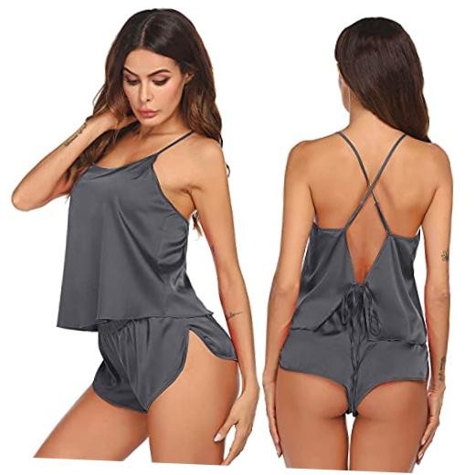 Silk Pajamas Set for Women Satin Backless Lingerie Pjs Cami Top X-Large Grey