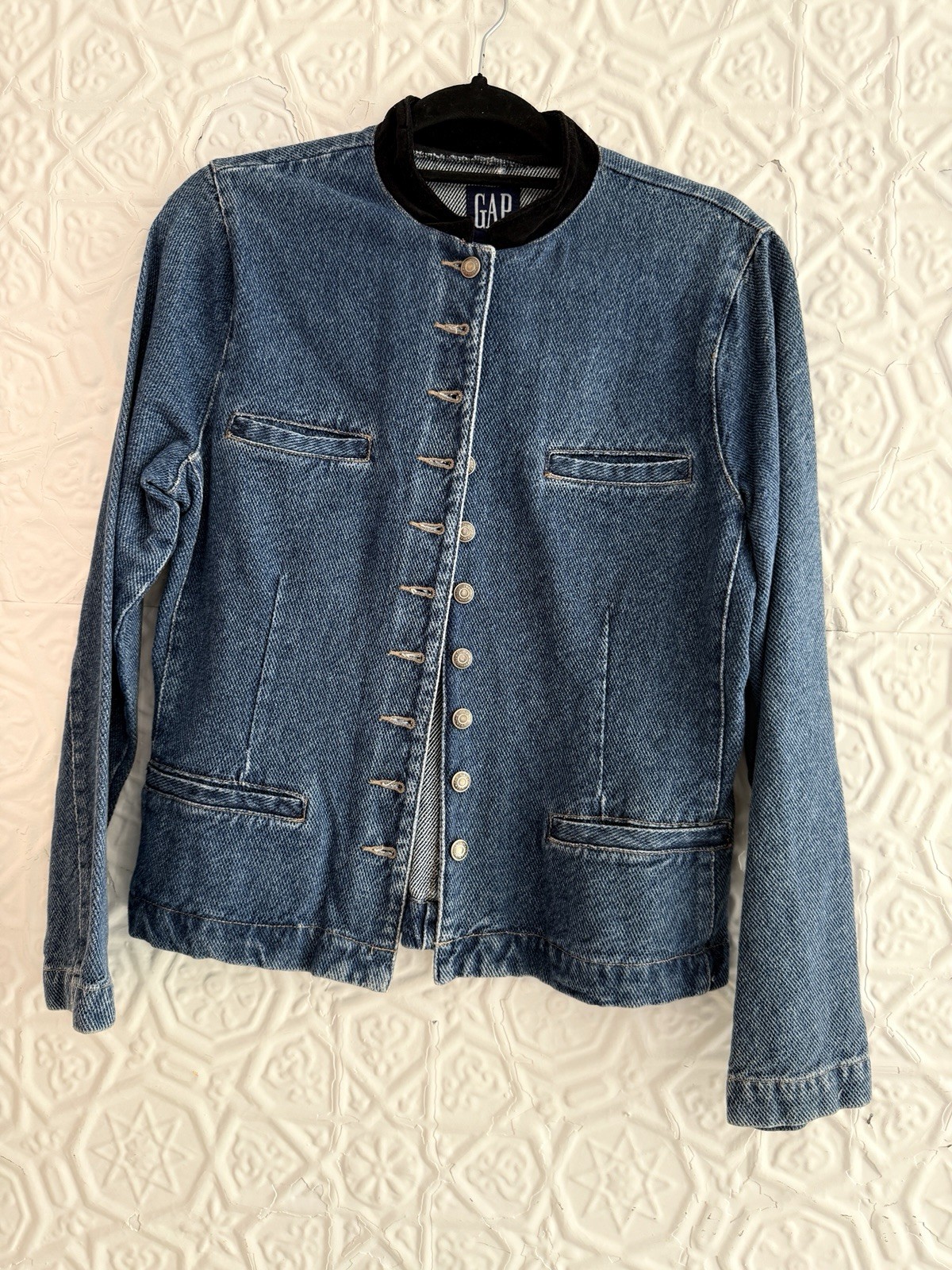 NWT Vintage 1980s/1990s Gap denim military Inspired Jacket-Band Collar-Blue Jean