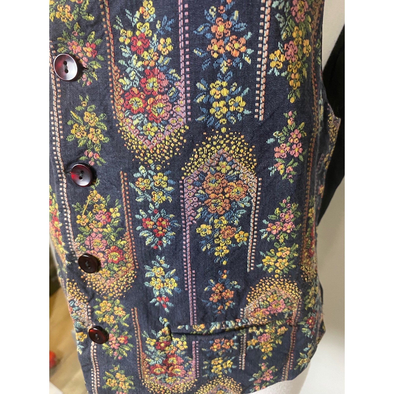 Vintage 90s Tapestry Floral Paisley Vest Navy Boho Waistcoat Adjustable Back S