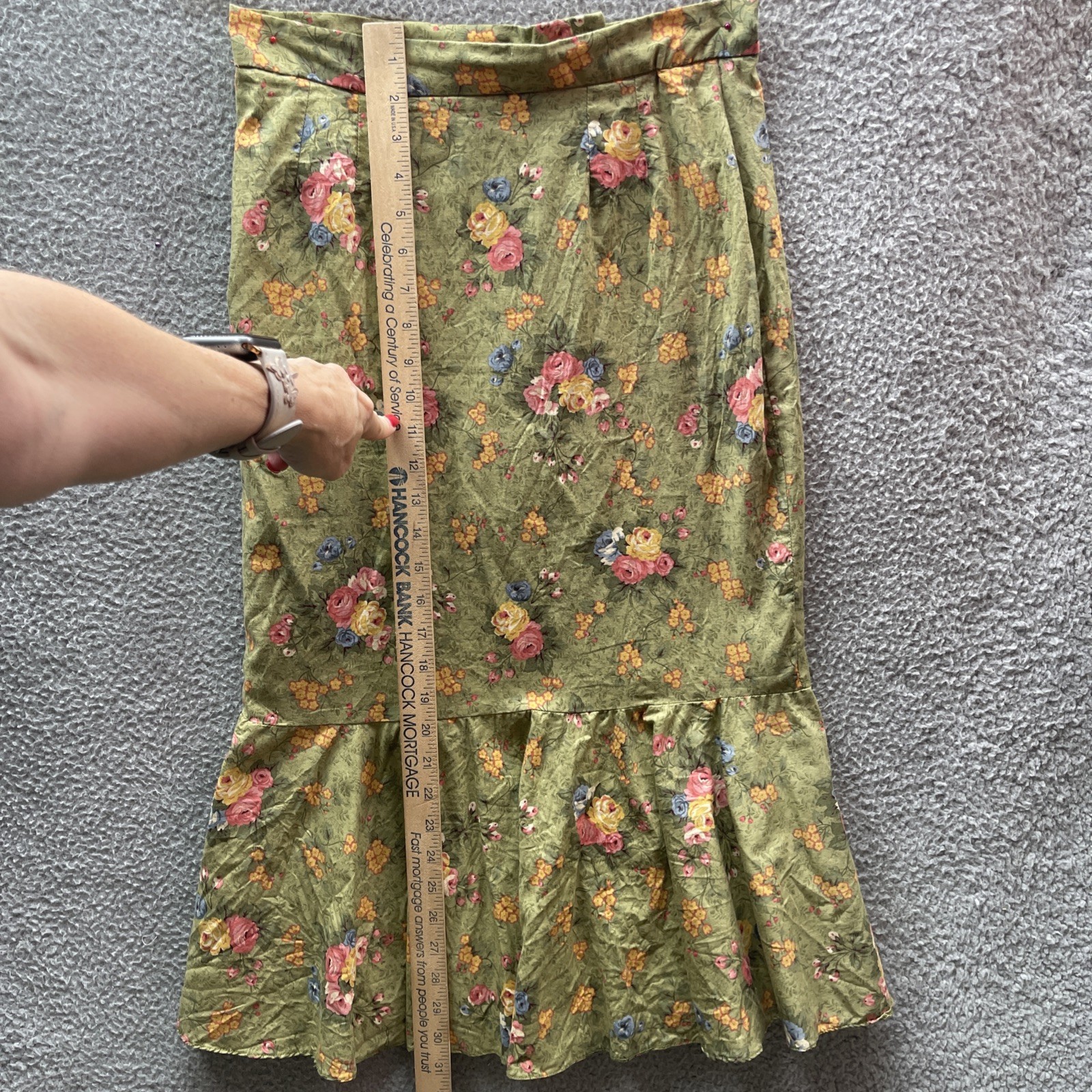Vintage 1970s Floral Plaid Boho Ruffle Hem A Line Maxi Skirt Metal Zipper