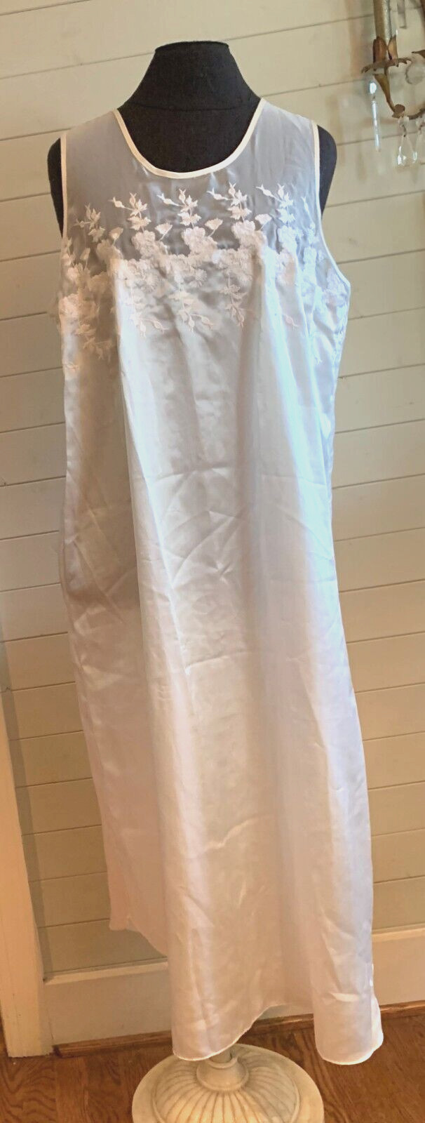 Vtg Ivory Satin Poly Lace Embroider Nightgown Long Elegant Sexy P Intimates -XL