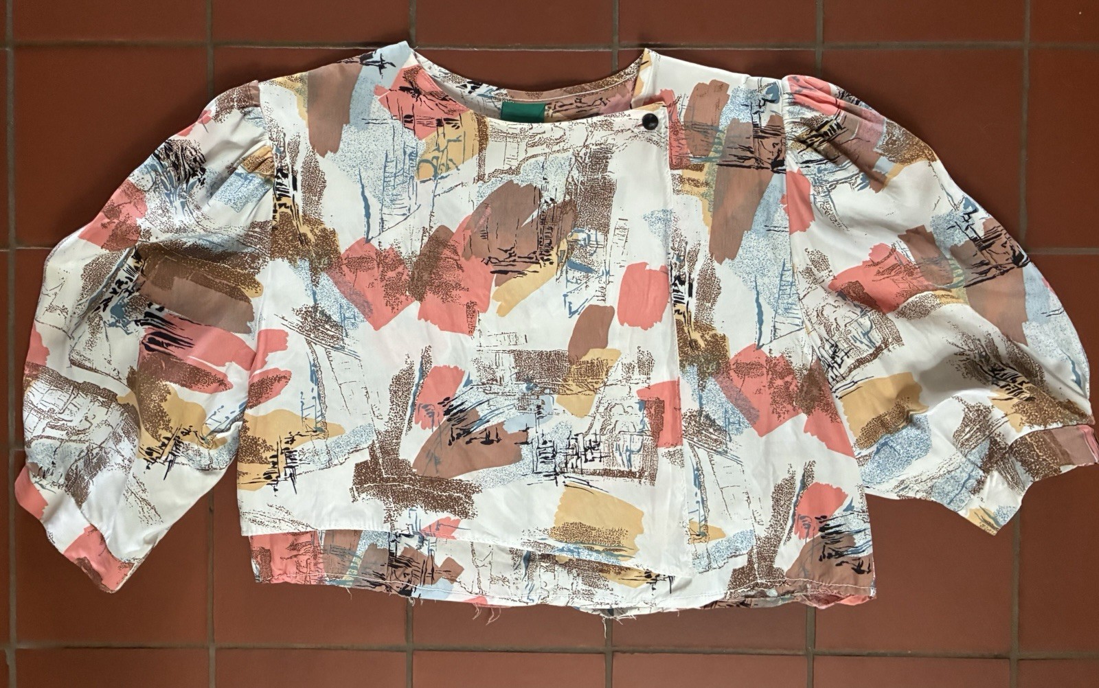 Vintage 80s Abstract Crop Top Puff Sleeve Made in West Germany size Large