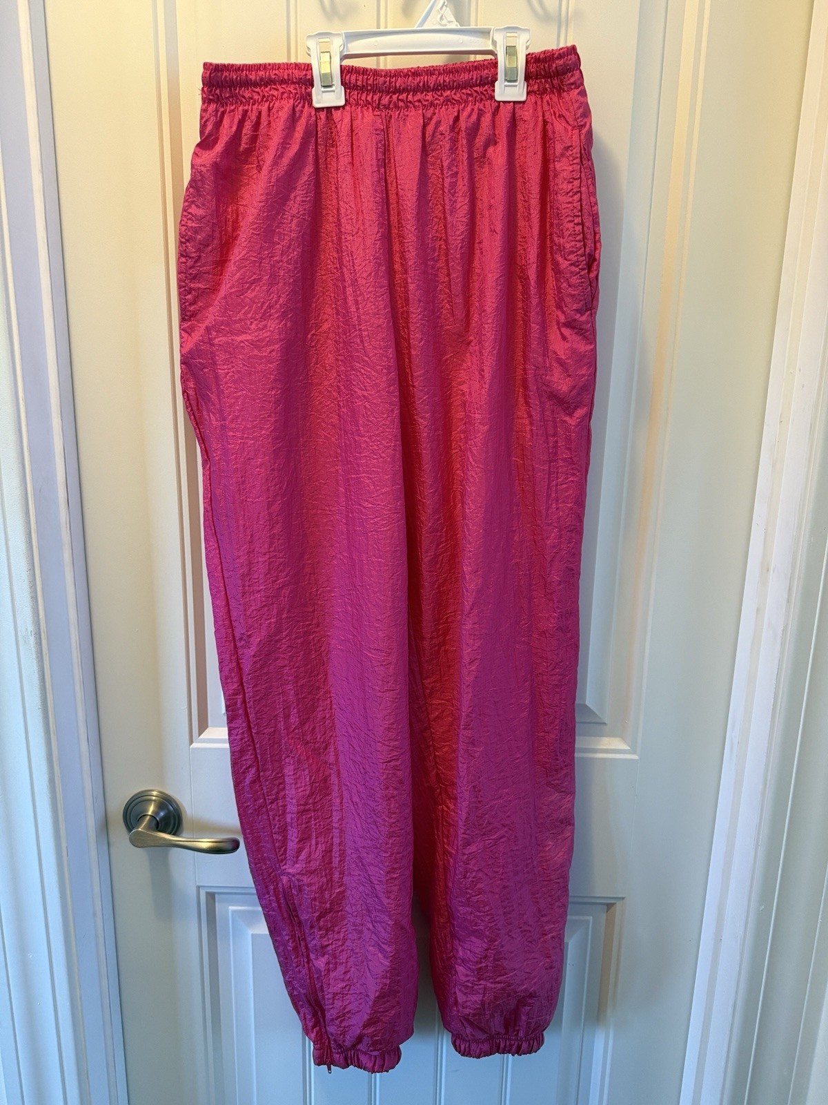 Pink Nylon Jogger Drawstring Pants Vintage 1980s Zipper At Ankles Size S/M
