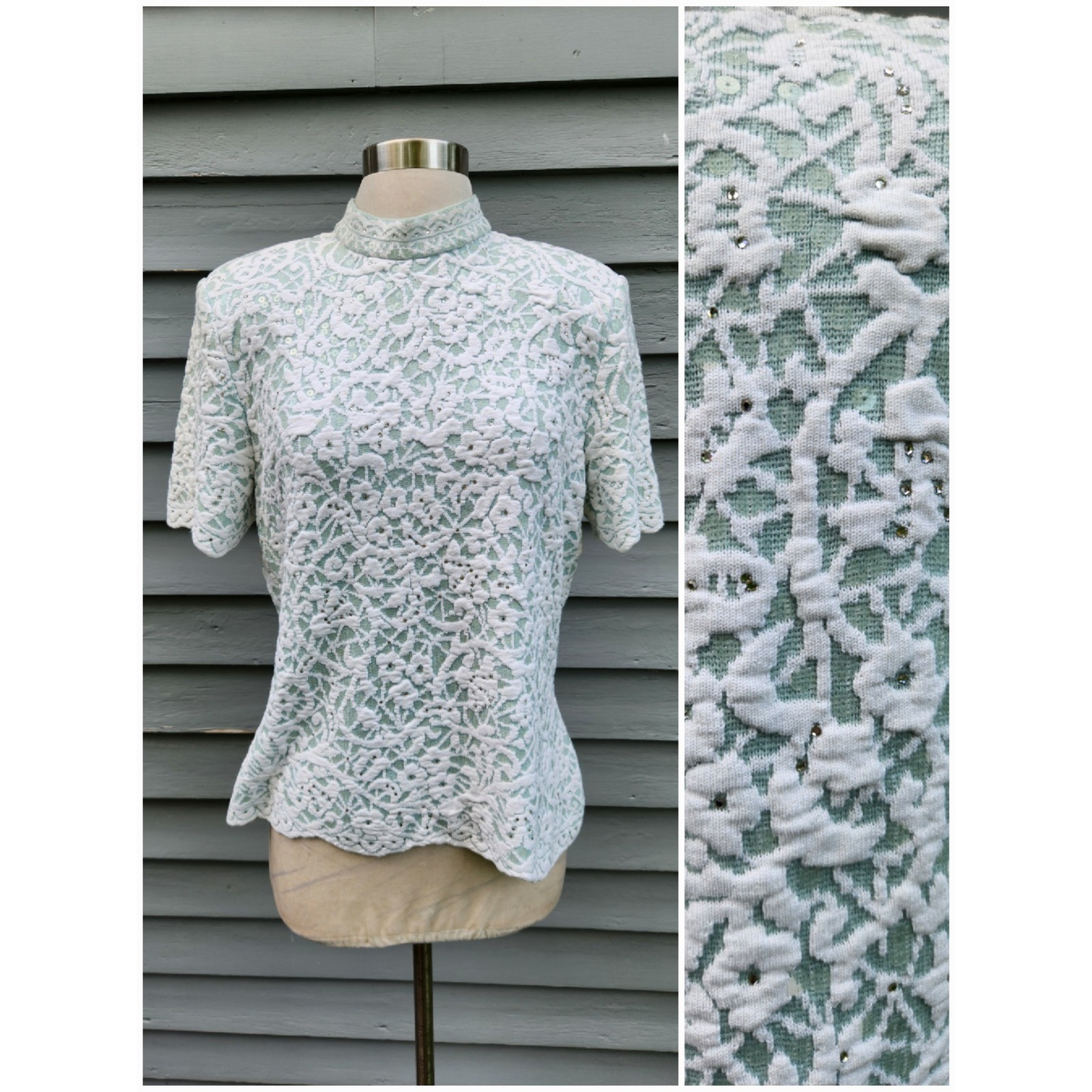 Vintage 90s St John Evening Knit Top Mint Green White Lace Sequin Rhinestone 12