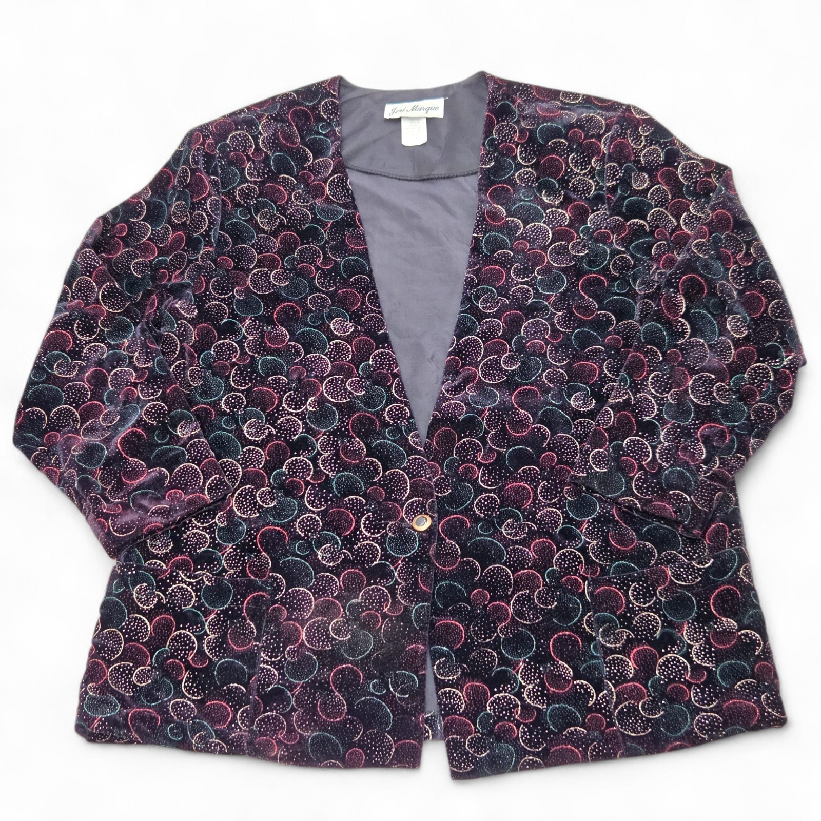 Vtg Jeri Marque Black Velvet Blazer Metallic Multicolor Design Shouder Pads Sz10