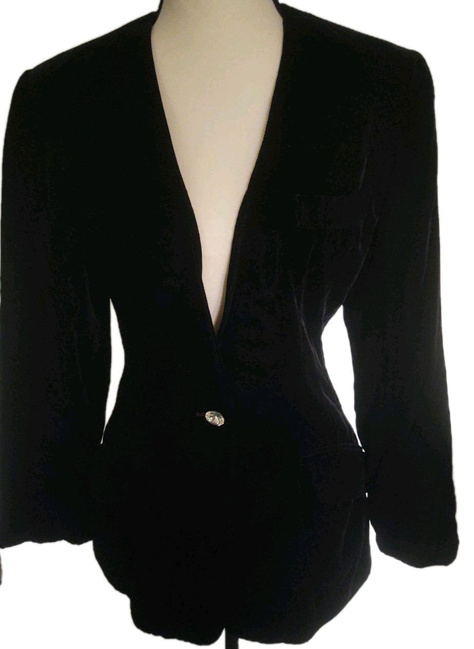 Anne Klein II Black Vintage Velvet Blazer Jacket Size 4 USA Pockets Slimming Fit