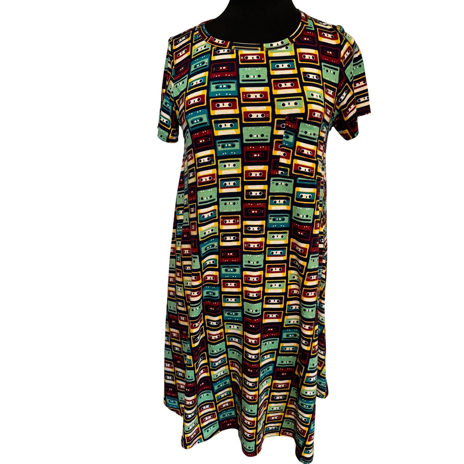 LuLaRoe Carly Dress Retro Cassette Tape 80s Mix Tape Print Size XS Swing Dress