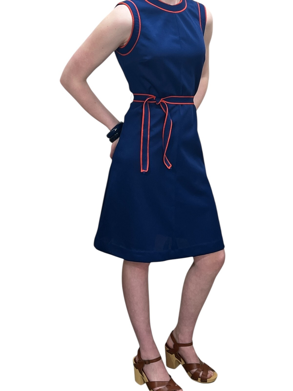 Vtg 70s S Dress Fit Flare Navy Blue Orange Red Trim Belted Sleeveless Poly Knit