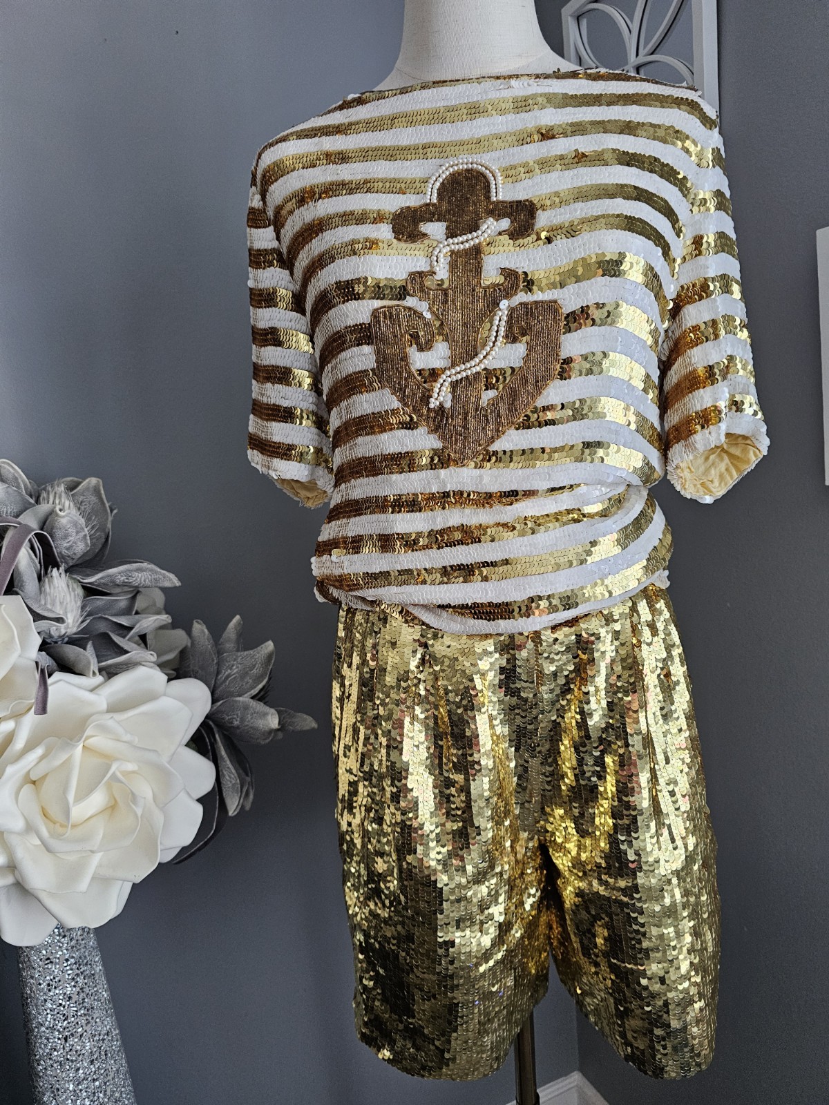 Vintage 80s MODI Sequin Silk Shirt& Shorts Set Nautical Gold White S/M Disco Top
