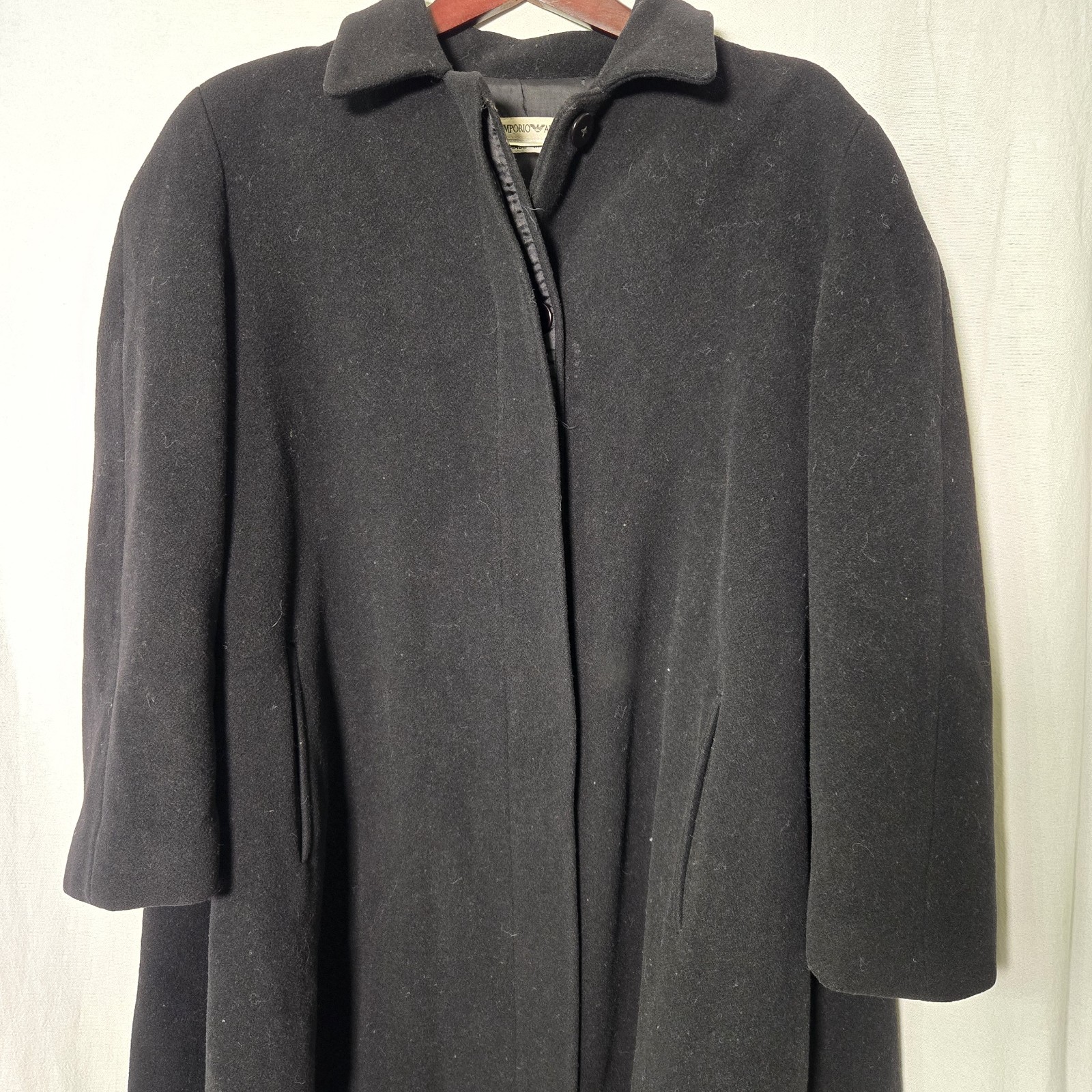Vintage Emporio Armani Italy Womens 44 Swing Coat Virgin Black Wool Satin Lined