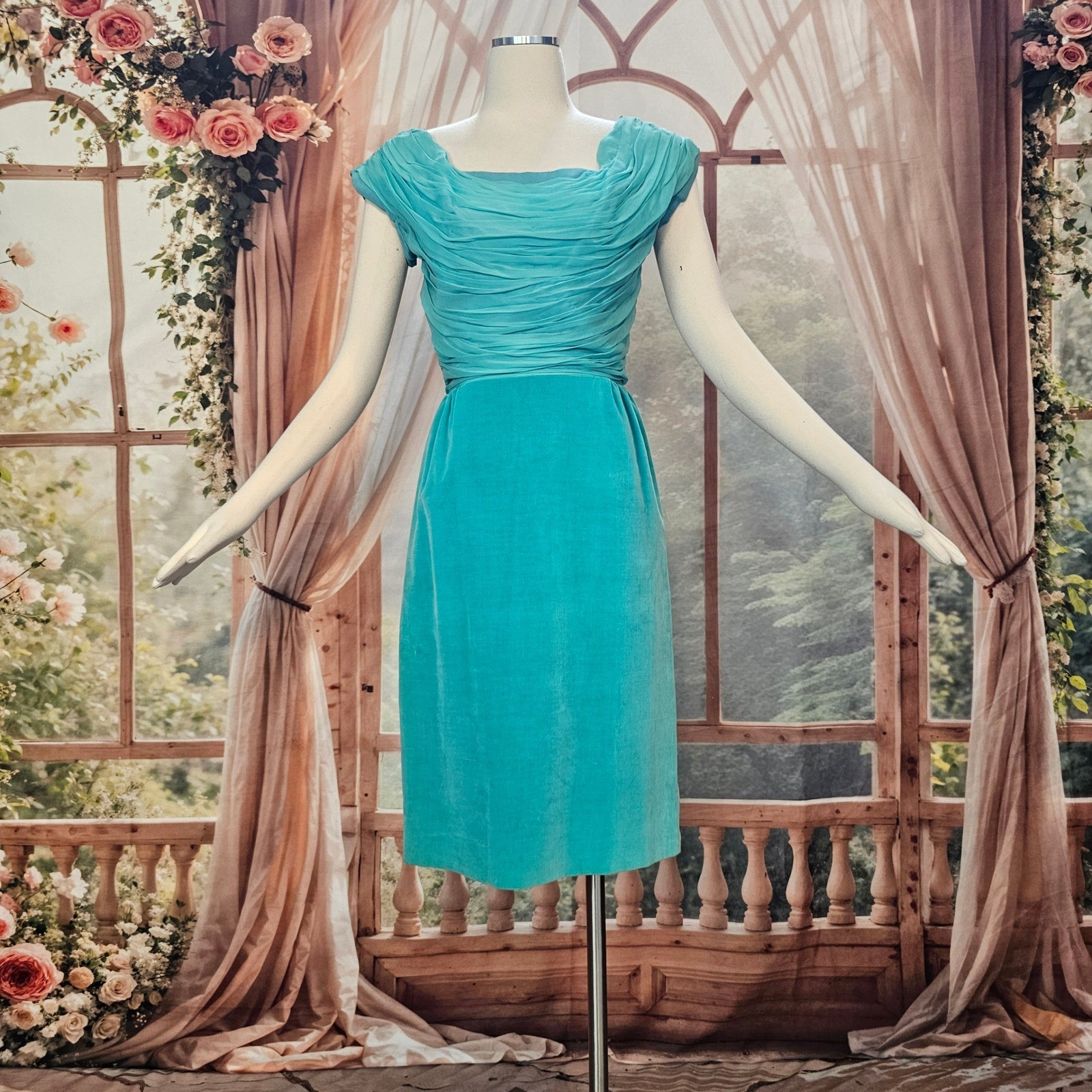 Vintage 1950s Dress Jay Herbert California Teal Ruched Draped Cocktail Formal