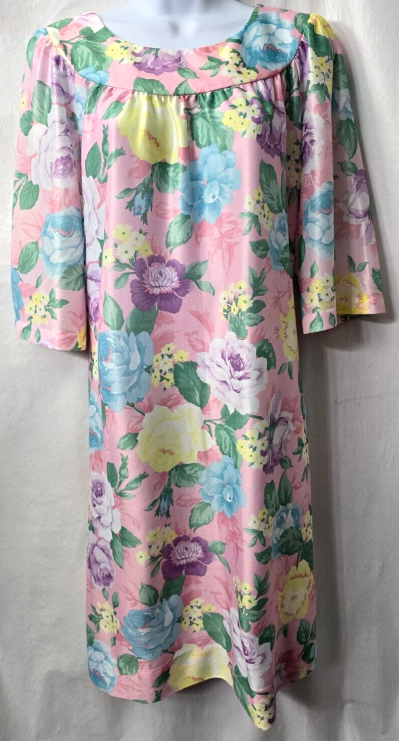 Vintage Caftan Satin Nightie Dress M L Night Gown Mrs Roper Floral Beach 80s 90s
