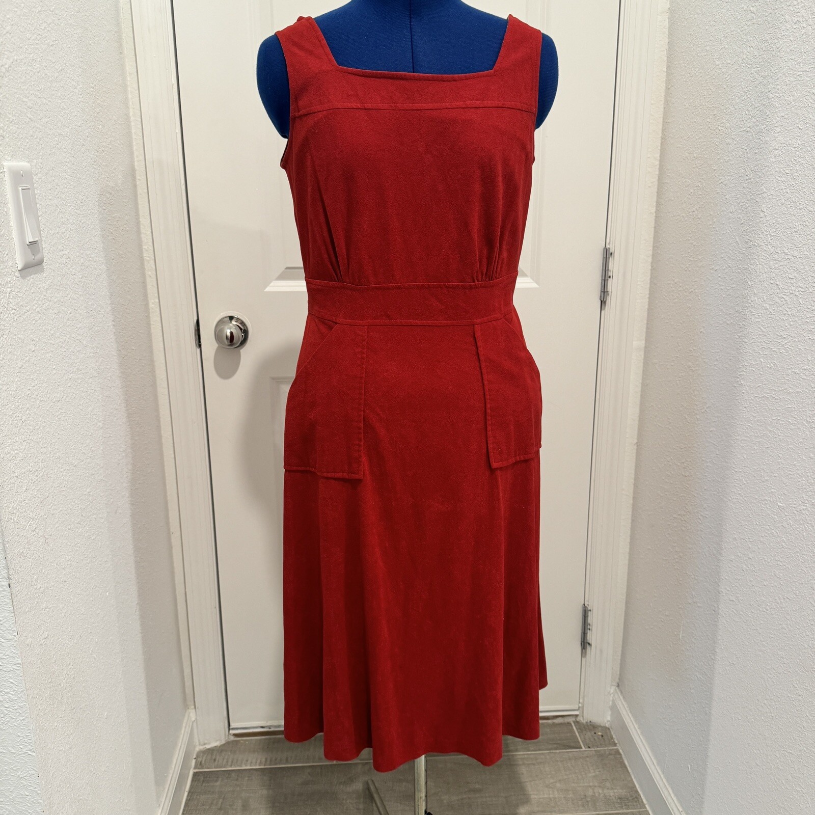 Vintage Women’s Red Overall Dress Cottagecore Size large Pockets M/L
