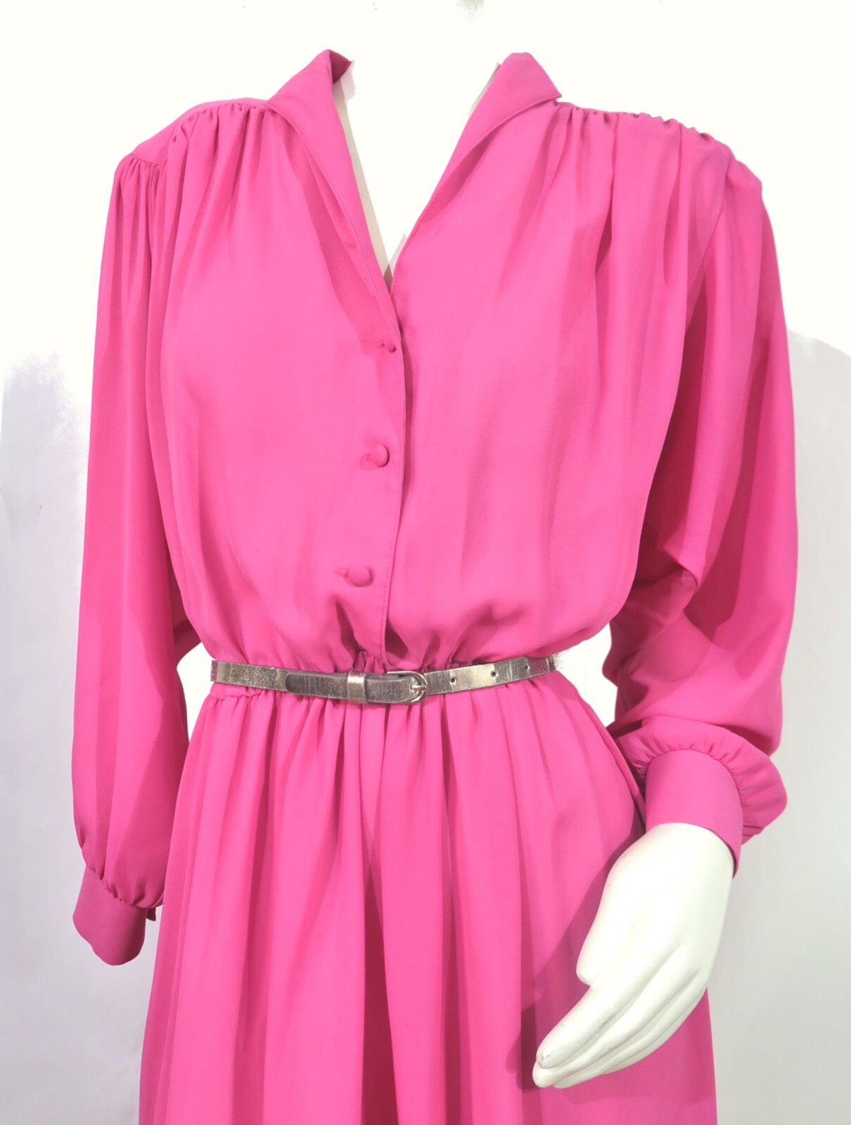Vtg 70s 80s Willi Calif Vivid Pink Sheer A Line Dolman Bishop Shirt Dress M