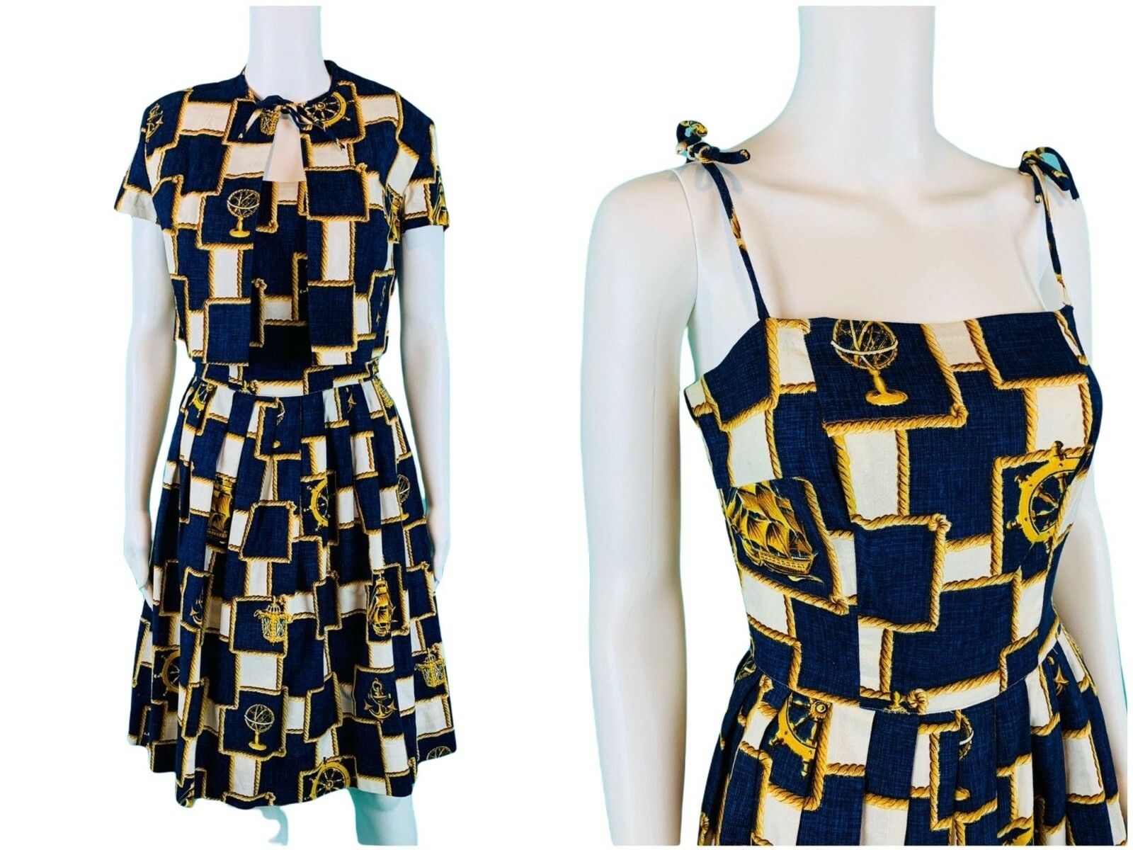 Vintage 1950s Nautical Novelty Print Dress Capelet Sundress Set W 25″