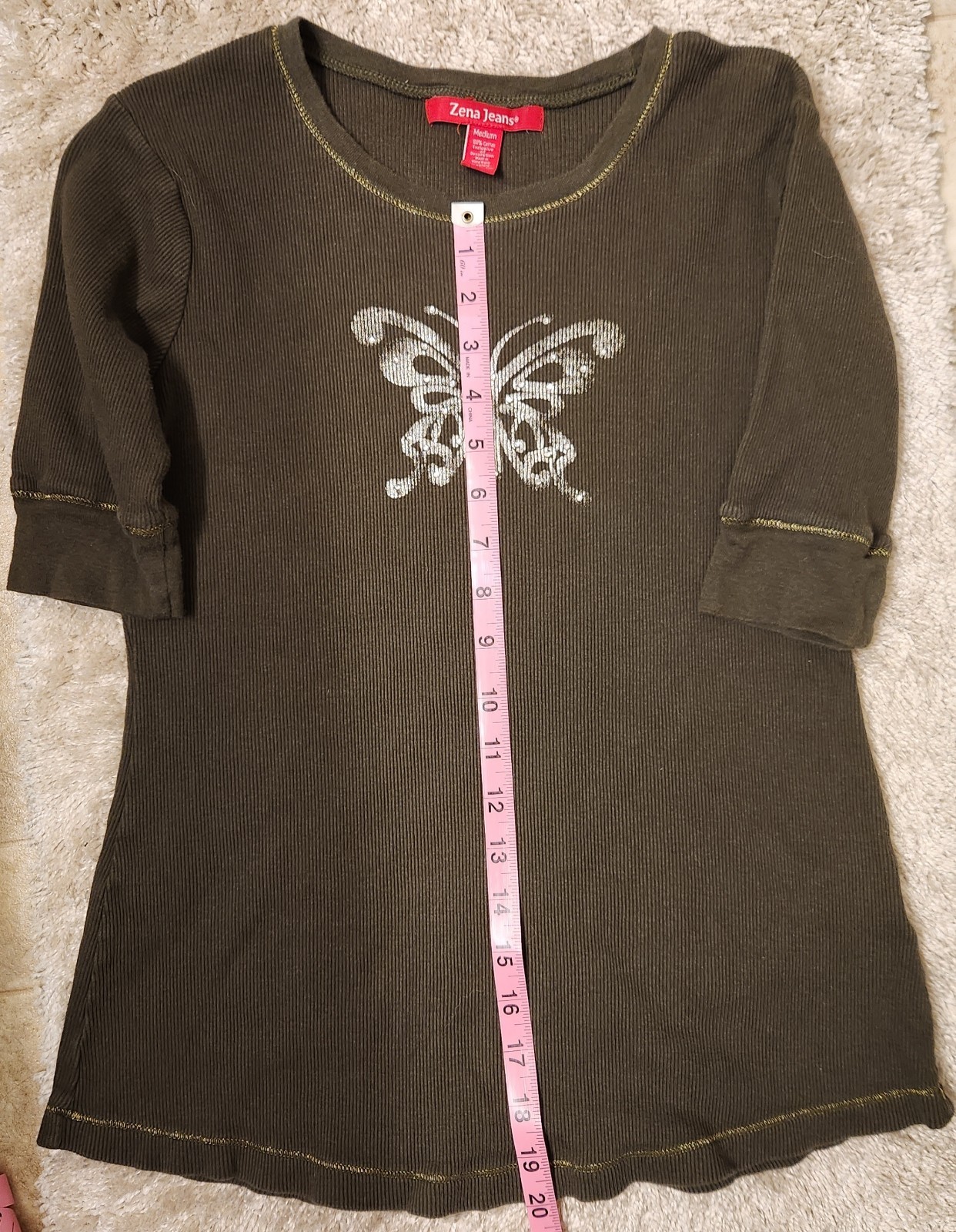 VTG 90s Y2K Army Green Metallic Butterfly Top 3/4 Size Sleeve Top Women’s M