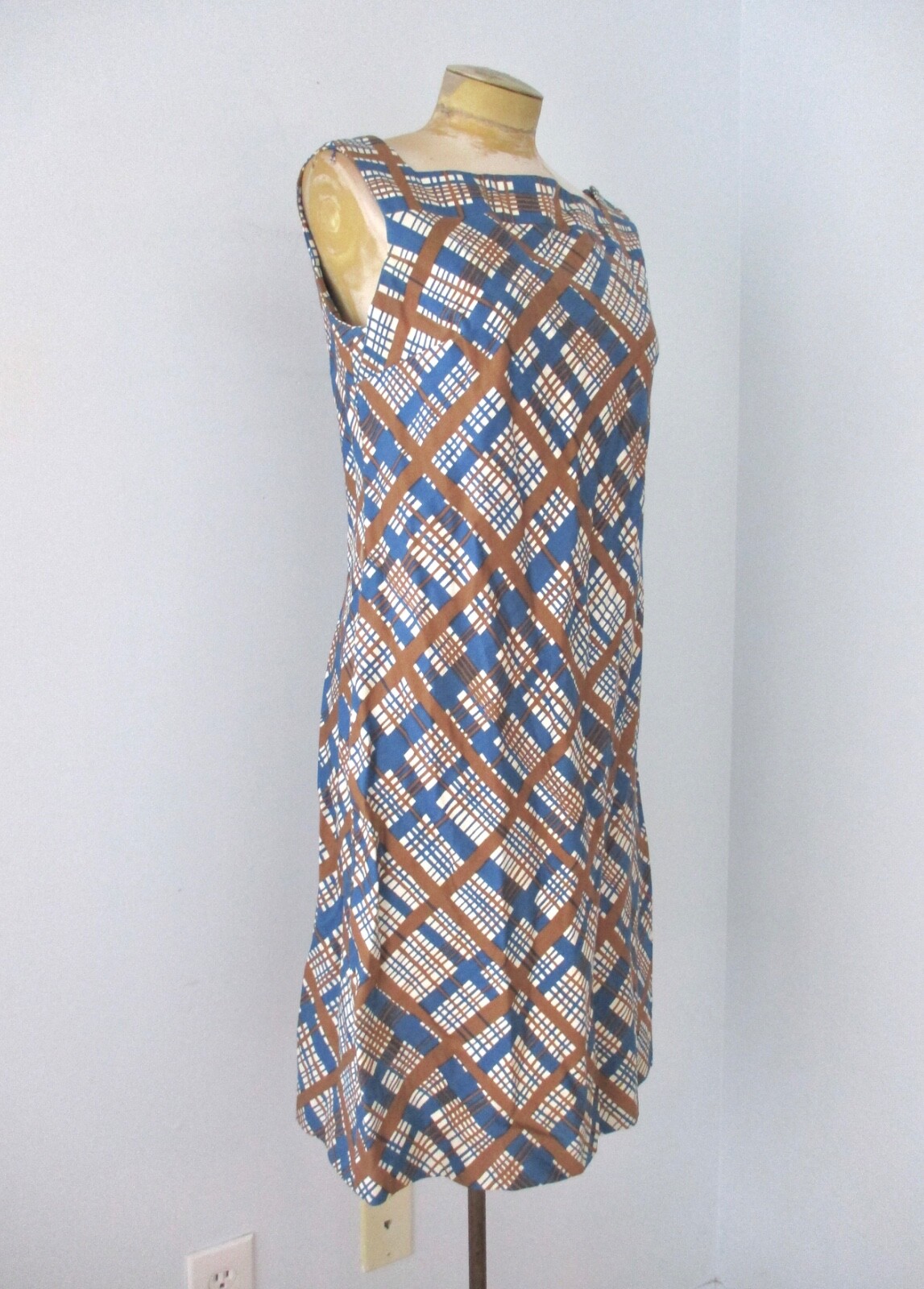 Vtg 60s 70s blue gold plaid cotton twill 2-pc dress jacket secretary suit 14
