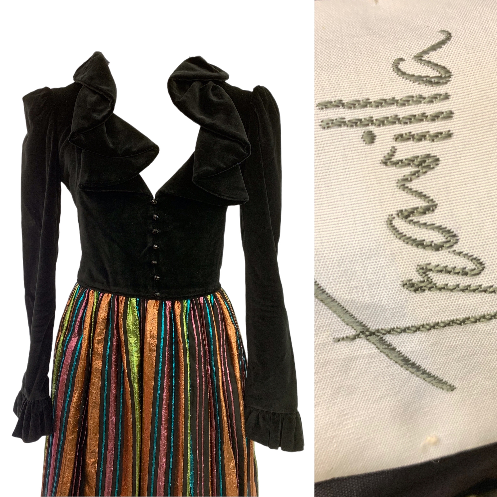 Vtg Vintage 1970s 70s Designer Travilla Velvet & Lamé Striped Party Maxi Dress