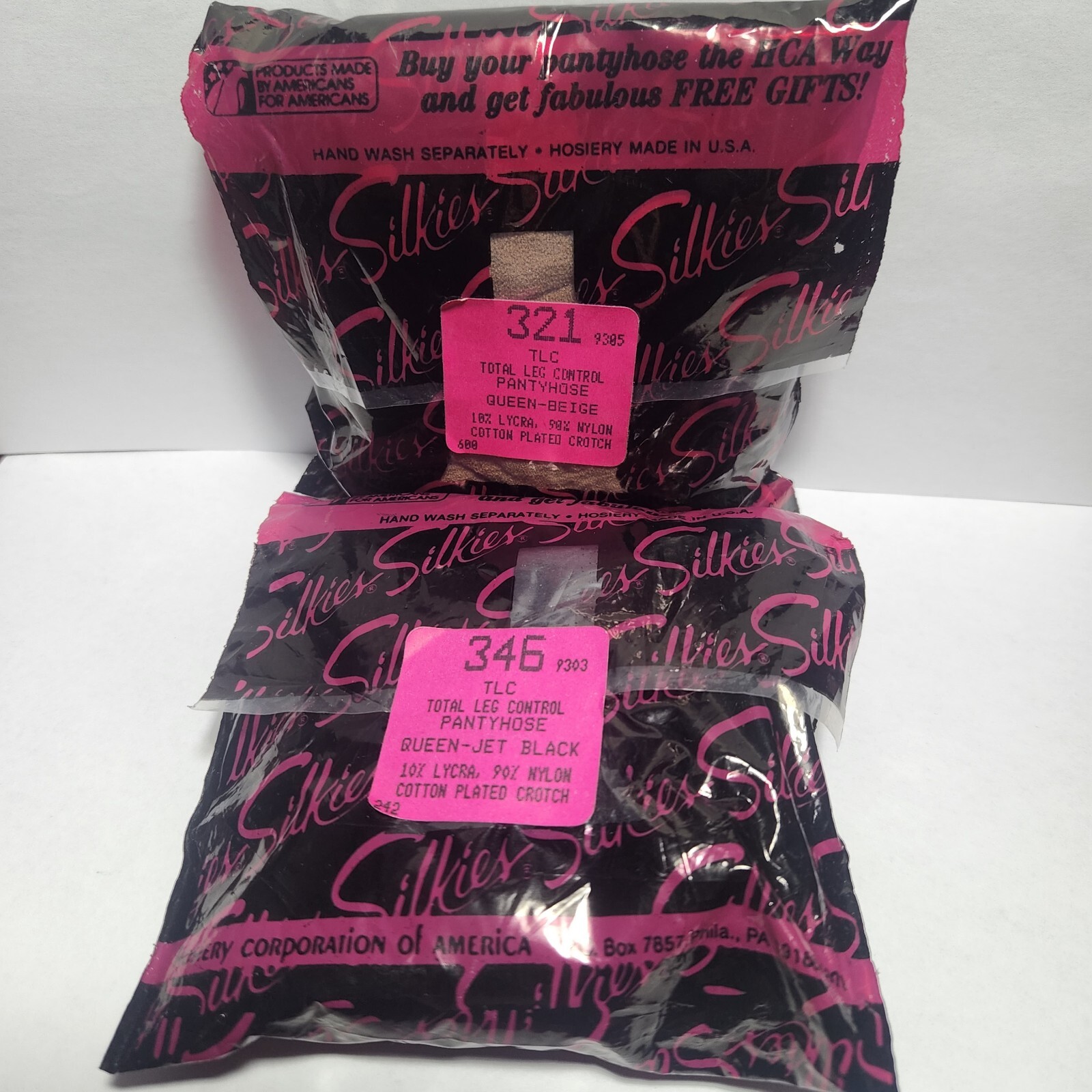 2 Vintage Silkies TLC Pantyhose Queen Beige #321 & Jet Black #346 Hosiery Hose