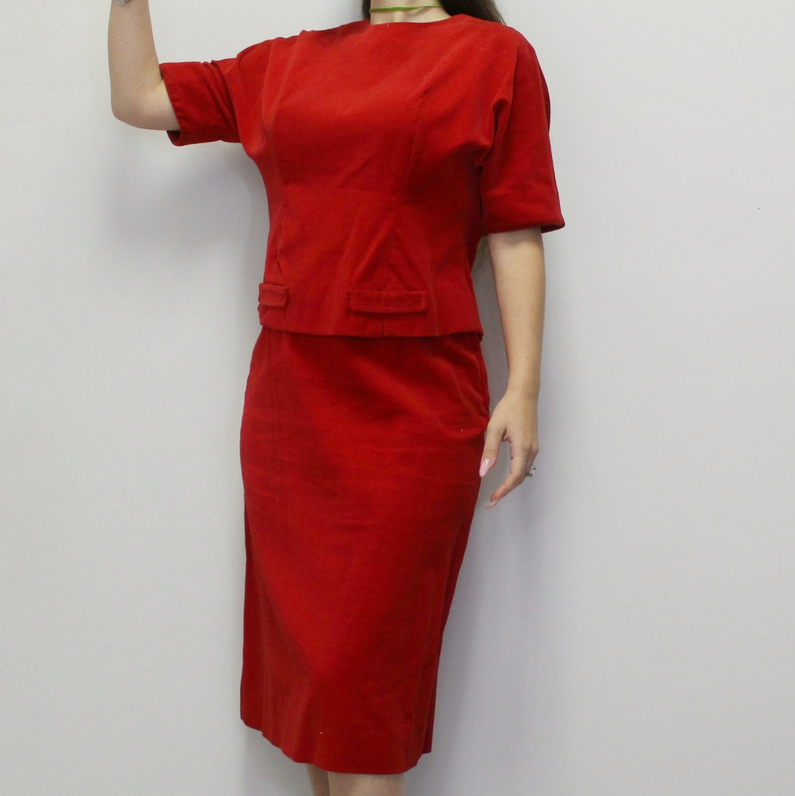 Vintage 60s Red Velvet Outfit Set Matching Skirt and Top Madison Wardrobe Maker