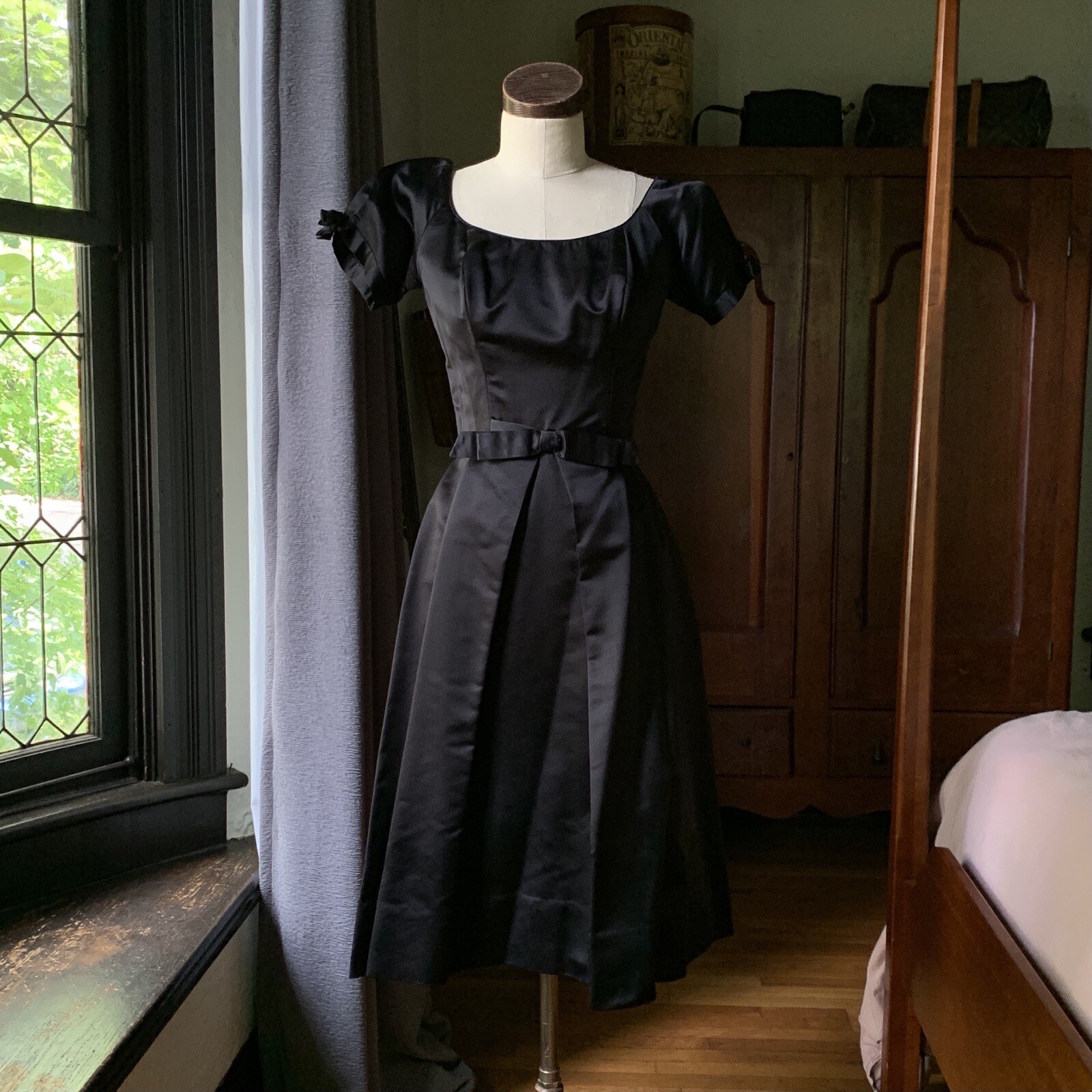Rare CEIL CHAPMAN 1950s Vintage Black Satin COUTURE Cocktail Dress XS/S