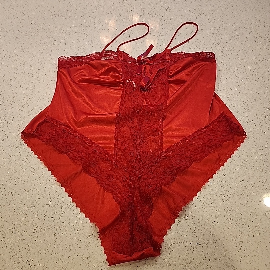 Vintage Alana Gale Teddie Slip On Pj Sleepwear Lingerie XL Red Lace Nylon