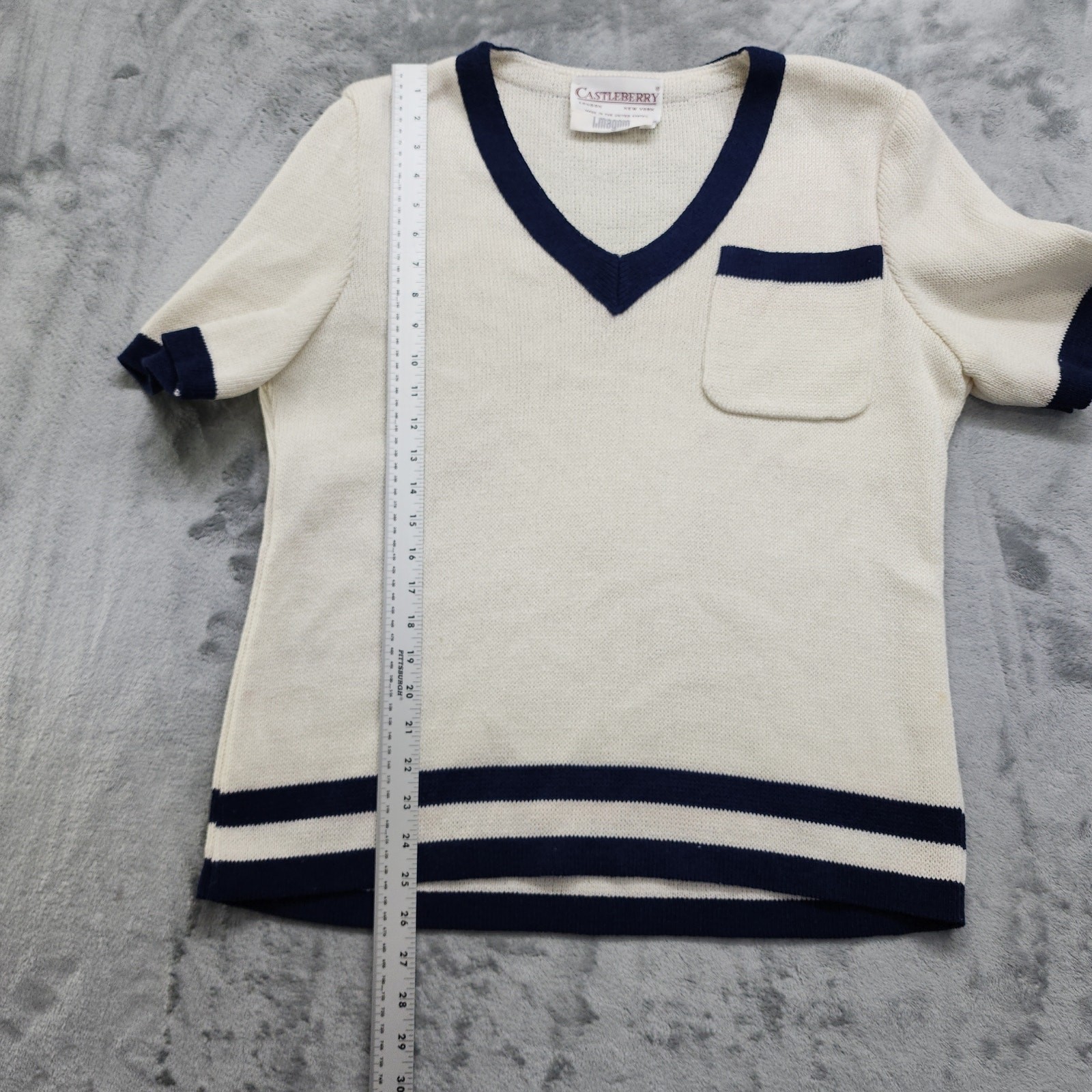 Vintage Castleberry I.Magnin Sweater Womens 16 Cream Blue V-Neck Short Sleeve