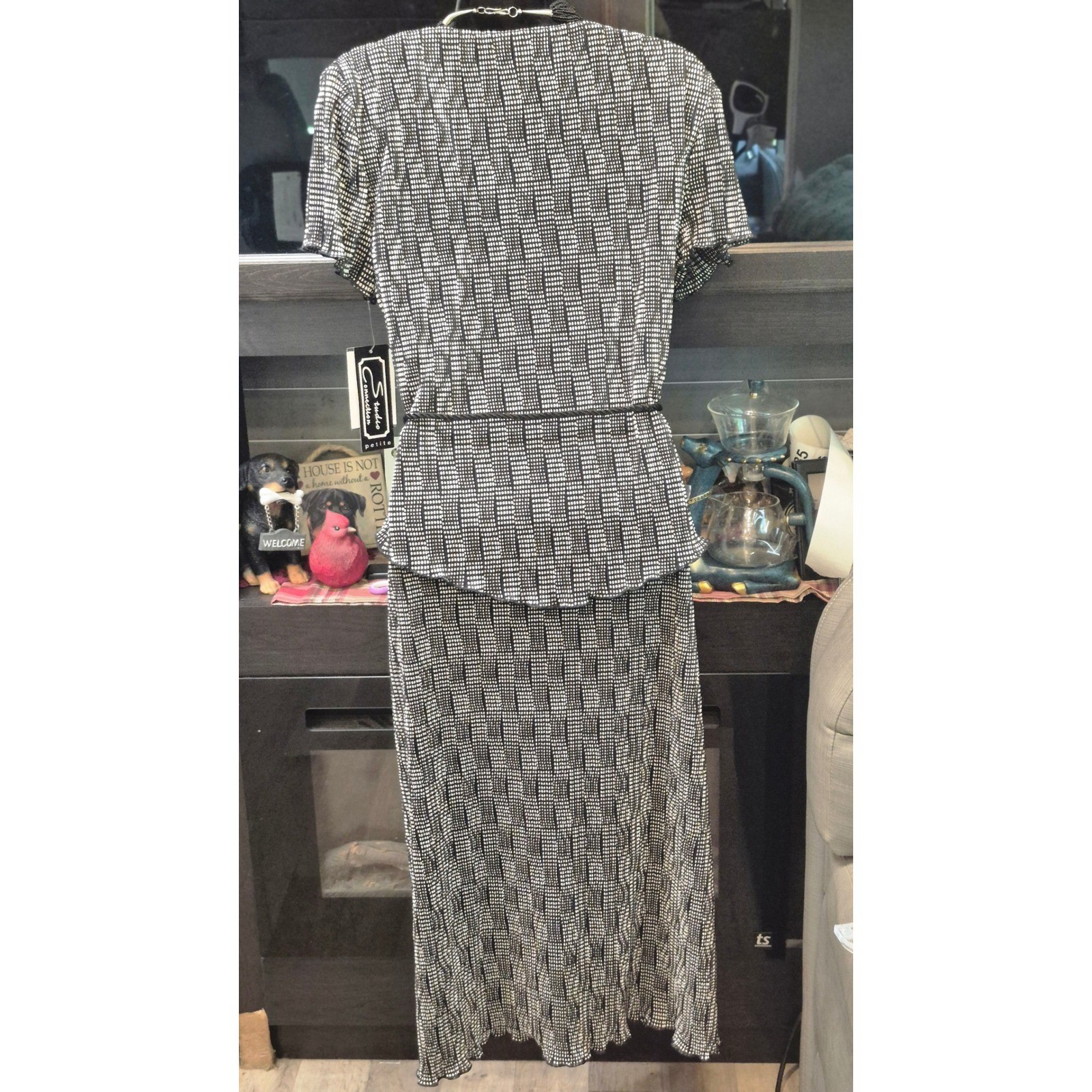 Studio Connection Vintage 80s Peplum Midi Dress Black White Dot Tassel boho 10P