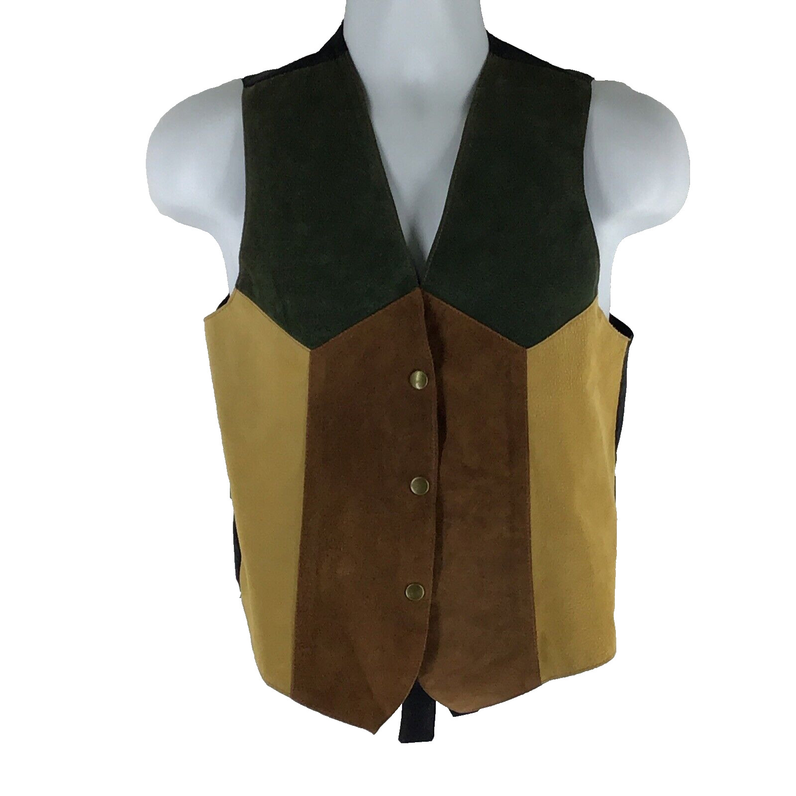 Women’s Leather Patchwork Vest Voyageur Medium Green Brown Gold Tie Back