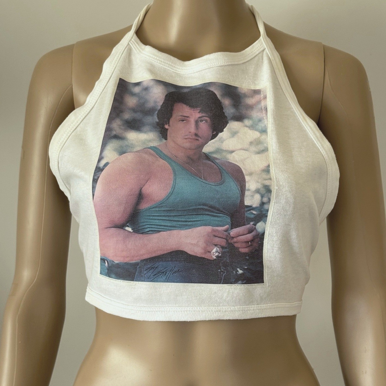 Vintage 80s Sylvester Stallone Graphic Halter Top White Crop Factors