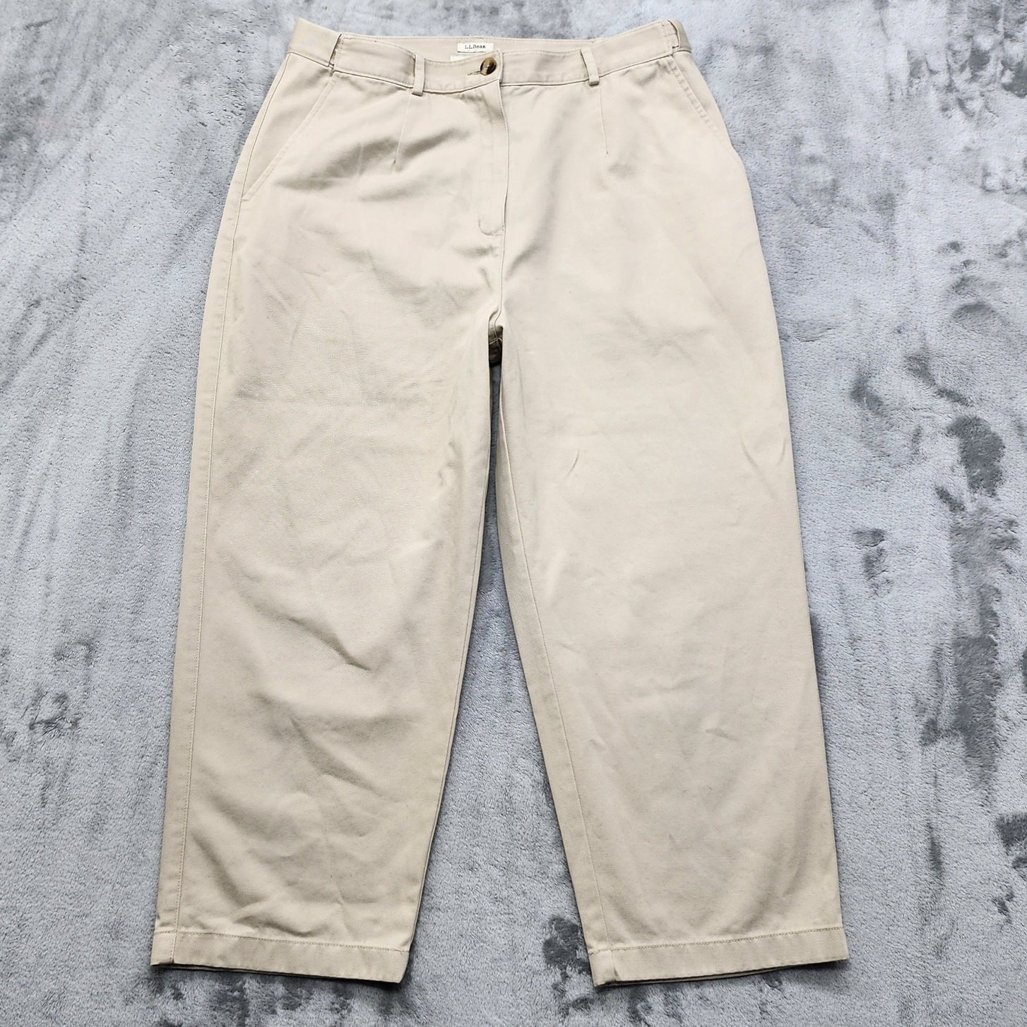 Vintage 90s LL Bean Pants Womens 14 Beige Khaki Original Fit High Rise Crop Hem