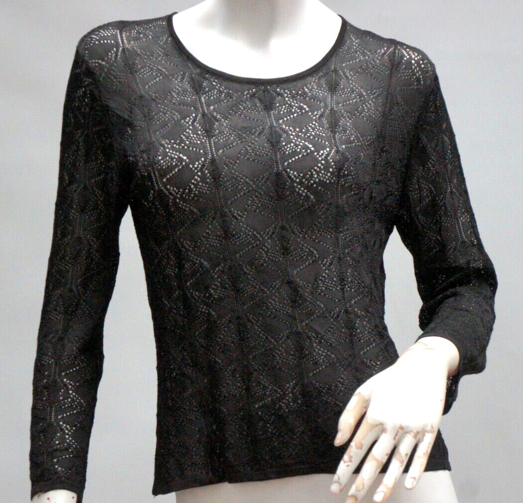 Vintage 80s Sheer Black Lace Long Sleeve T-shirt Top